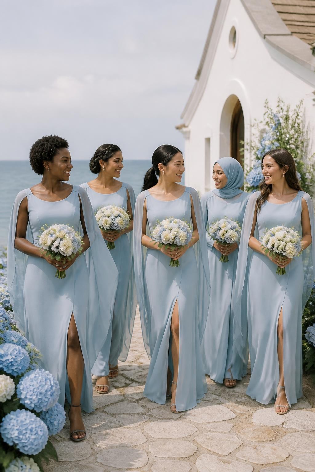 Realistic outdoor wedding photograph of five bridesmaids wearing powder blue chiffon gowns with fitted scoop-neck bodices, softly defined waists, and long split capes falling from the shoulders, women of West African, South Asian, East Asian, Middle Eastern, and European appearance with deep, warm brown, olive, tan, and fair complexions, naturally different ages, heights, and body shapes, bright expressive faces, realistic makeup and individual facial structures, hairstyles including natural coils, a braided crown, softly wrapped hijab, sleek ponytail, and loose waves, walking beside a white coastal chapel with pale stone paths, blue hydrangeas, cream flowers, and the sea visible in the distance, soft midday light moderated by thin cloud, ocean breeze moving the chiffon naturally, realistic fabric transparency and gentle shadows.