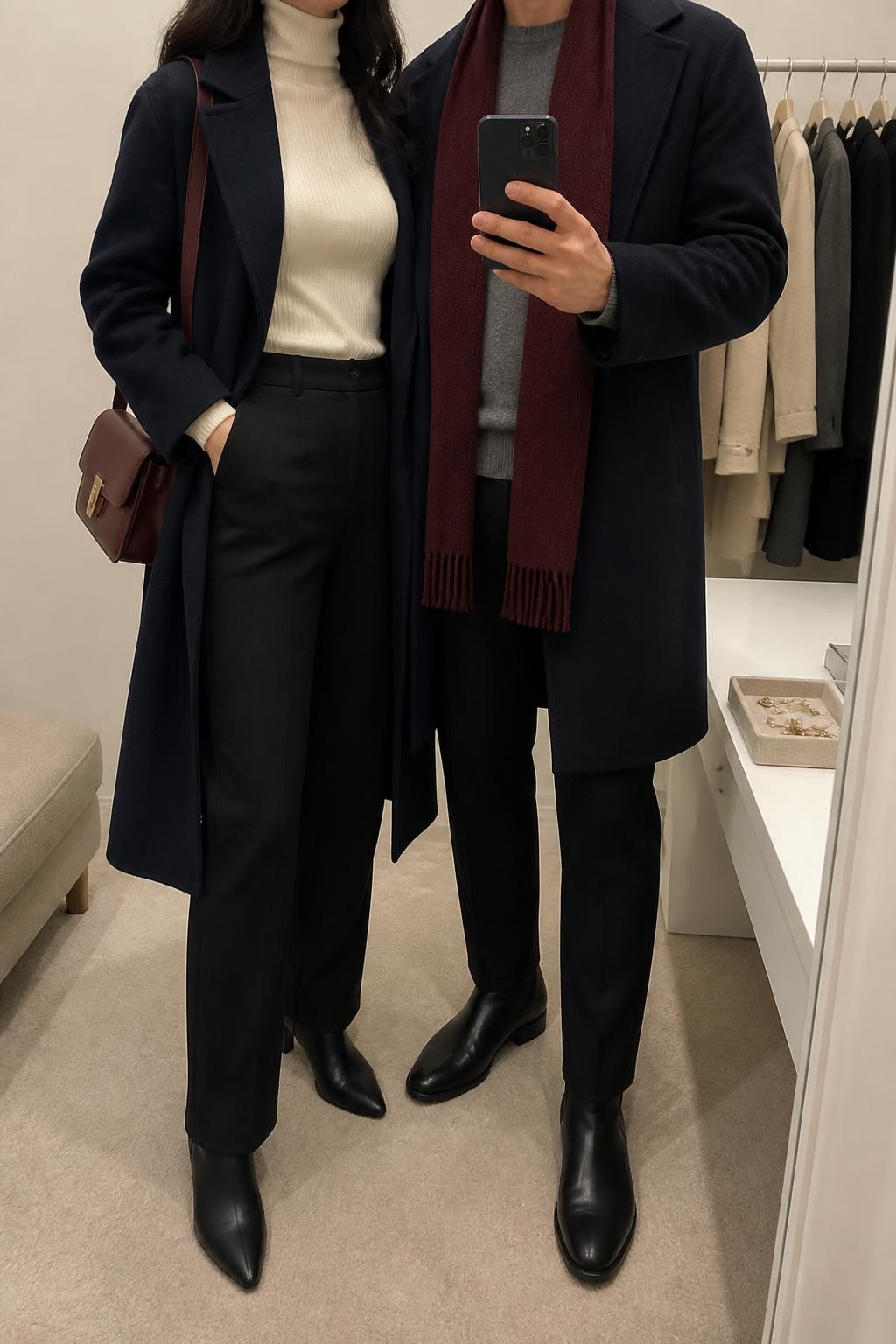 mirror selfie of a couple wearing coordinated navy coats and burgundy accessories, the woman wearing an open navy belted wool-blend coat over a cream fitted turtleneck, black straight-leg trousers, black ankle boots, and a burgundy shoulder bag, the man wearing an open navy single-breasted wool-blend coat over a gray crewneck sweater, black trousers, black leather boots, and a burgundy knit scarf, clearly showing the exact clothing items, colors, fabrics, accessories, and footwear listed in the Outfit Pieces section, the man holding the phone while the woman stands beside him, both cropped at NECK so their faces do not show, relaxed polished couple pose in a minimal dressing room, soft indoor lighting, with a jewelry tray on a vanity and a clothing rack with garments behind them, realistic wool, knit, trouser, and leather textures, latest iPhone photo quality