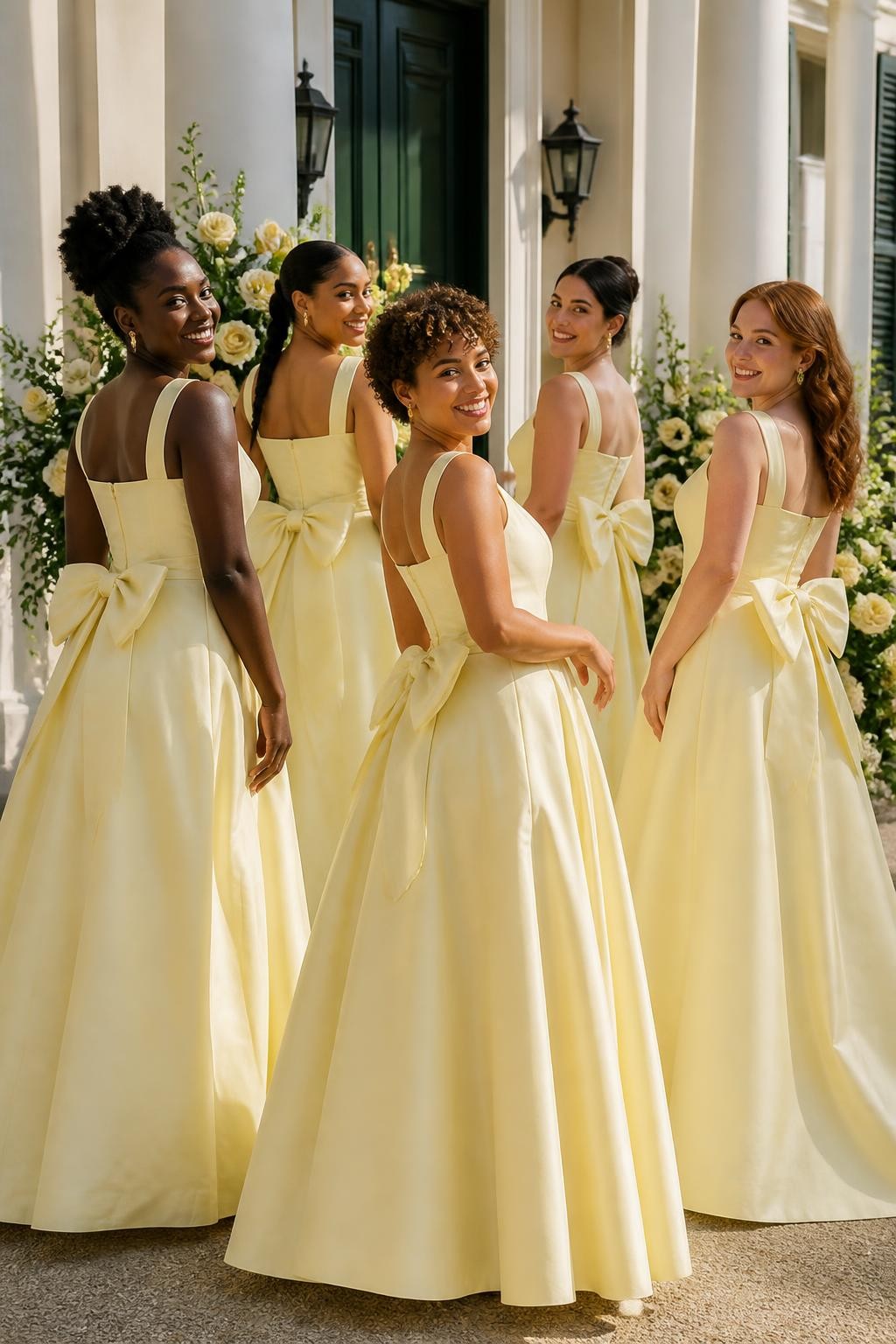 Realistic wedding party photograph of five bridesmaids wearing pale lemon silk-faille gowns with clean square necklines, fitted bodices, full A-line skirts, and structured oversized bows placed across the lower back, photographed from a balanced mixture of front, side, and over-the-shoulder angles so the bows are clearly visible, women with deep dark brown, warm copper, caramel, olive, and fair peach skin tones, varied body shapes and heights, bright smiling faces with natural texture, hairstyles including a sculpted natural updo, braided ponytail, short curly cut, smooth chignon, and soft waves, standing at the entrance of an ivory manor with pale yellow roses, white columns, dark green doors, and warm morning light, realistic fabric stiffness, slight creases around the waist, and natural movement in the skirts.