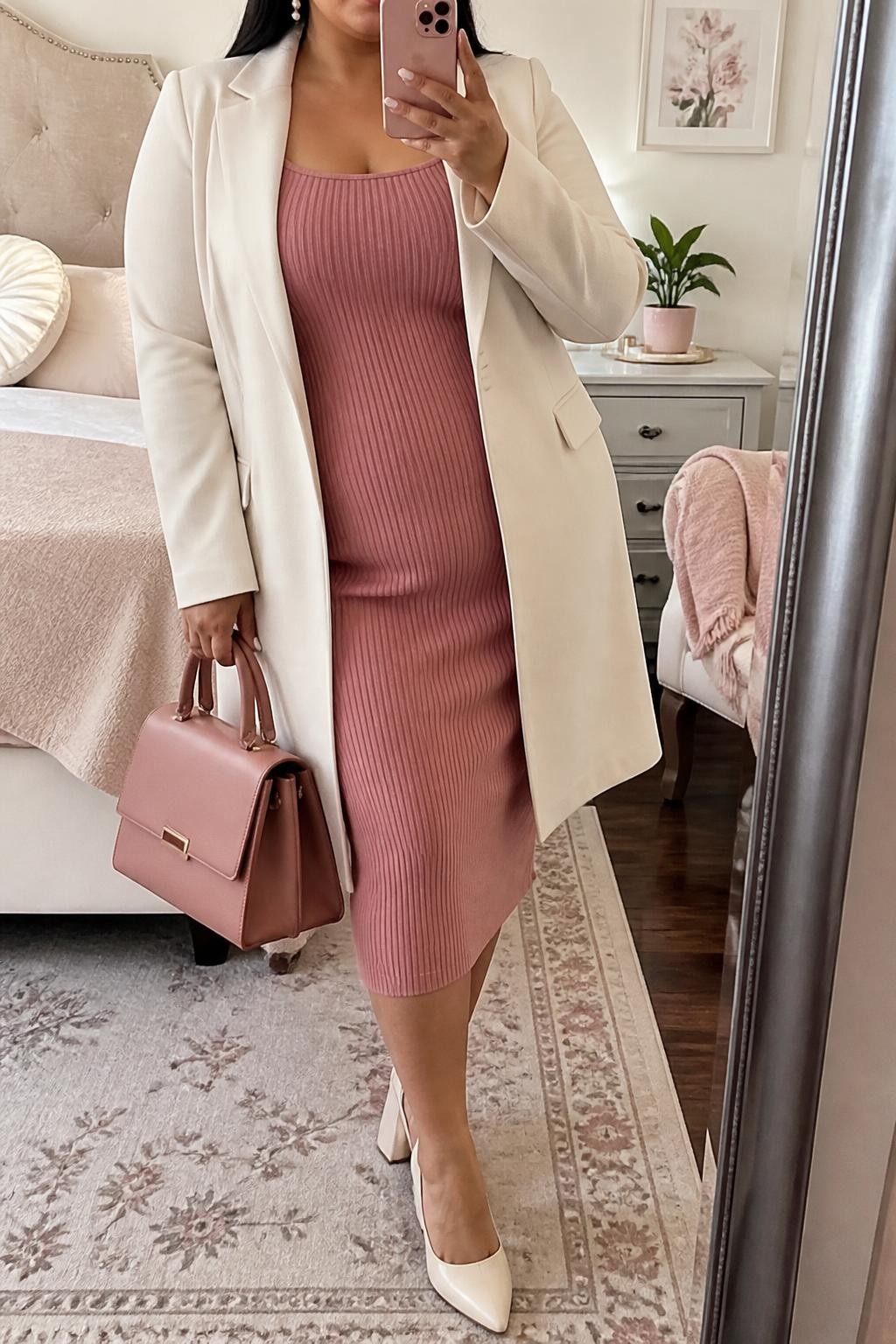 Mirror selfie of a plus size woman wearing a rose pink ribbed knit midi dress with long sleeves, a modest square neckline, and a softly fitted shape, a cream longline blazer worn open, cream pointed block heels, a structured rose pink handbag, and pearl drop earrings, clearly showing the exact clothing items, rose knit, cream blazer, footwear, and accessories listed, holding a phone in front of a mirror, cropped at the neck so the face is hidden, relaxed sophisticated selfie pose, in a feminine-themed bedroom with soft indoor lighting, a folded blanket on a chair and a small plant on a dresser, realistic cooler-weather baby shower outfit, latest iPhone photo quality.