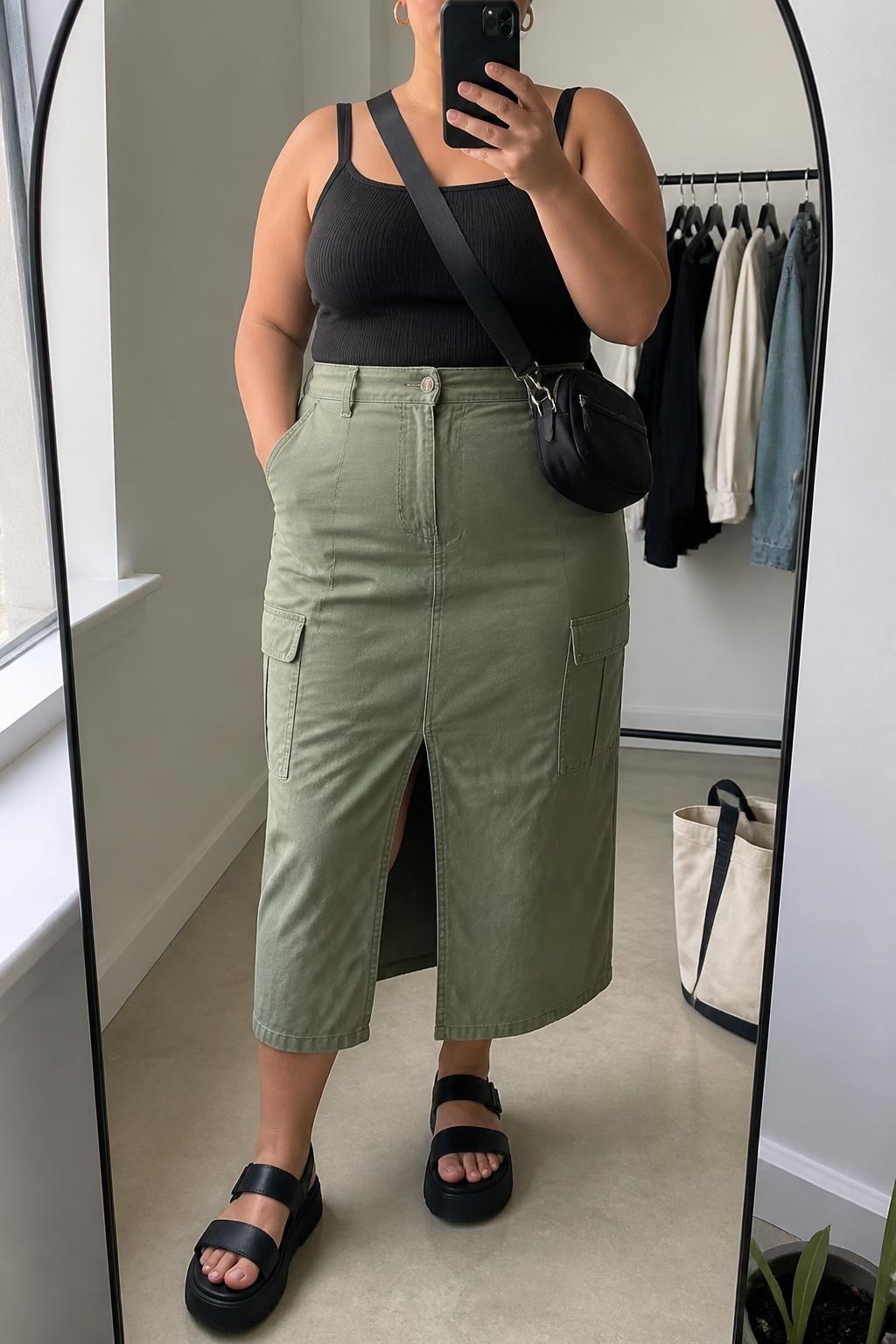 Mirror selfie of a plus size woman wearing a sage green high-waisted utility midi skirt with a front slit and flat cargo pockets, a fitted black ribbed square-neck tank top, black platform sandals, a compact black nylon crossbody bag, and chunky gold hoop earrings, clearly showing the exact clothing items, sage utility fabric, flat pockets, black tank, footwear, and accessories listed, holding a phone in front of a mirror, cropped at the neck so the face is hidden, relaxed modern selfie pose, in a minimal dressing room with natural window light, a tote bag resting on the floor and a clothing rack with garments behind her, realistic weekend outfit, latest iPhone photo quality.