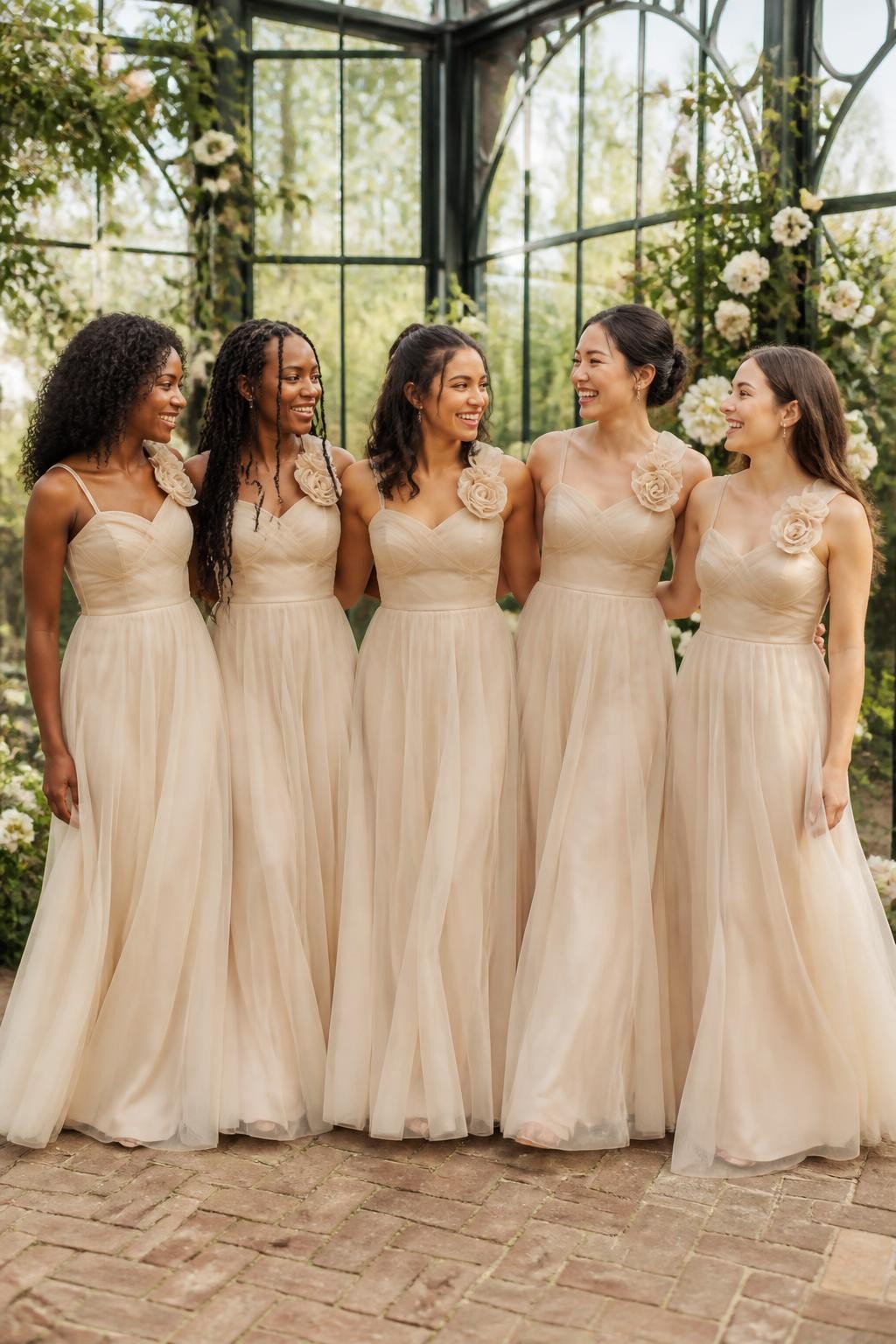 Realistic romantic greenhouse wedding photograph of five bridesmaids in champagne organza gowns with soft handmade rosettes placed along one shoulder or across the neckline, gently fitted bodices and flowing semi-sheer layered skirts, women with dark mahogany, deep brown, golden tan, olive, and fair peach complexions, bright joyful faces and varied ages, realistic skin highlights, hairstyles including springy coils, long twists, half-up curls, sculptural bun, and loose straight hair, standing inside a glass greenhouse filled with white roses, climbing greenery, and soft peach flowers, diffused daylight passing naturally through the organza, rosette petals casting tiny shadows, visible fabric layers and authentic movement, photo-realistic DSLR wedding fashion.