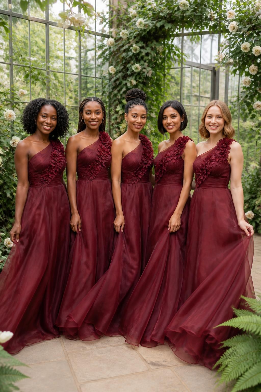 Realistic greenhouse wedding portrait of five bridesmaids wearing maroon organza gowns with handmade three-dimensional dahlia flowers positioned asymmetrically along one shoulder and lightly across the upper bodice, fitted opaque linings, softly defined waists, and airy layered floor-length skirts, women with deep mahogany, rich brown, medium golden, olive, and fair peach skin tones, naturally varied ages and body proportions, bright beautiful faces with realistic highlights and individual smiles, hairstyles including springy coils, long braids, twisted updo, polished bob, and loose waves, standing inside a glass botanical greenhouse filled with ivory roses, climbing greenery, ferns, and diffused daylight, translucent maroon organza catching the light softly, individual petals casting tiny natural shadows, visible hand-finished edges, and gentle skirt movement.