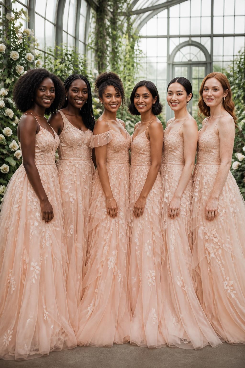 Realistic greenhouse wedding portrait of six bridesmaids wearing pale peach organza gowns with delicate three-dimensional vine, leaf, and small blossom appliqués scattered across fitted bodices and layered skirts, necklines varying subtly between narrow straps, soft scoop, and off-shoulder shapes, women with deep mahogany, rich brown, medium golden, South Asian olive, East Asian fair, and pale freckled skin tones, bright beautiful faces, natural smiles, visible skin texture and light makeup, hairstyles including springy curls, box braids, twisted updo, polished bob, smooth bun, and loose waves, standing inside a glass botanical greenhouse filled with white roses, climbing vines, ferns, and diffused daylight, translucent organza layers catching the light naturally, appliqué leaves casting tiny realistic shadows, believable fabric edges and movement.