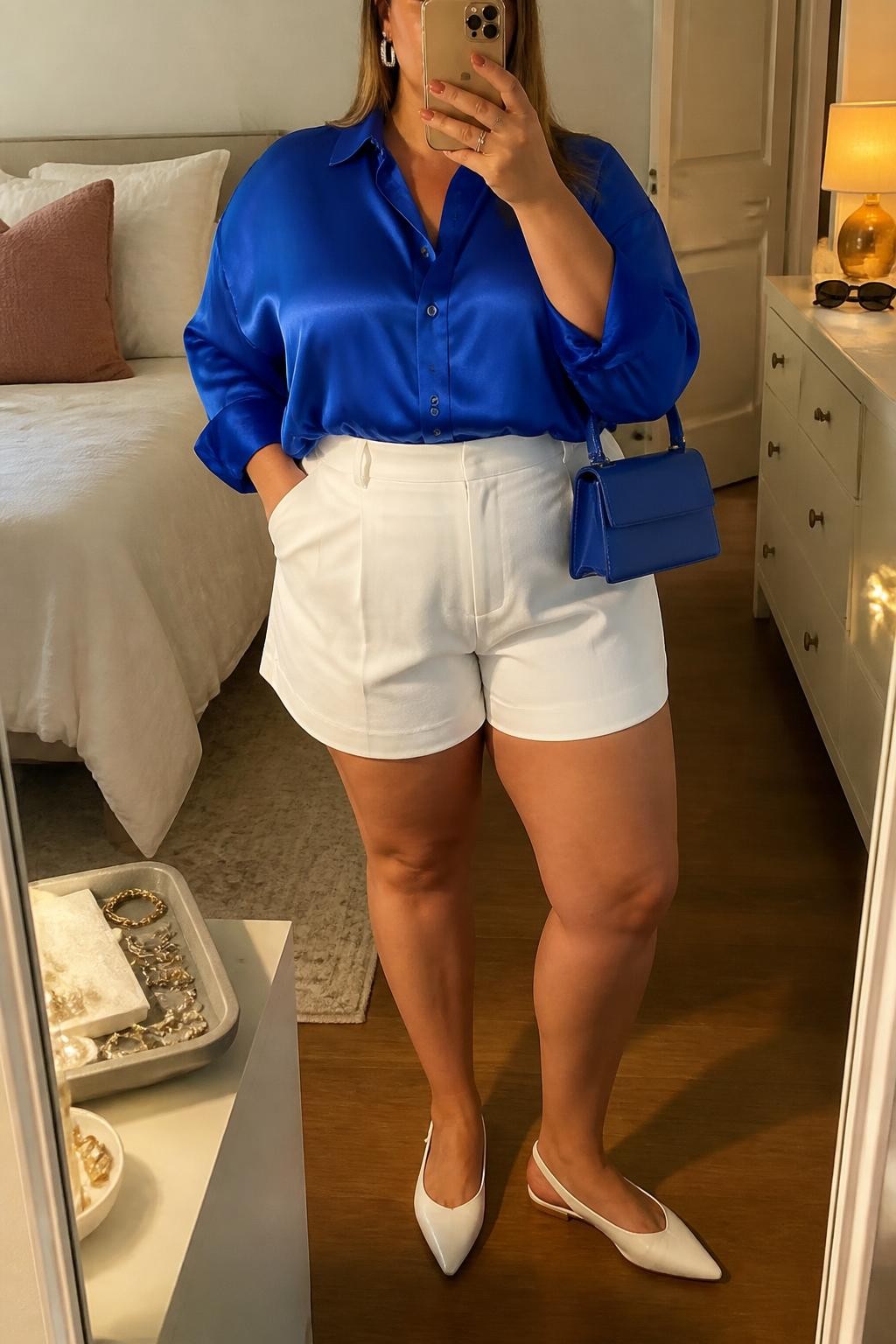 Mirror selfie of a plus size woman wearing an oversized cobalt blue satin button-down shirt tucked loosely into crisp white high-waisted tailored shorts with relaxed thigh openings, white pointed slingback flats, a structured cobalt mini handbag, and silver rectangular earrings, clearly showing the exact clothing items, cobalt satin, white tailoring, footwear, and accessories listed, holding a phone in front of a mirror, cropped at the neck so the face is hidden, relaxed bright selfie pose, in a feminine-themed bedroom with evening golden-hour lighting, a jewelry tray on the vanity and sunglasses placed on a dresser, realistic brunch outfit, latest iPhone photo quality.