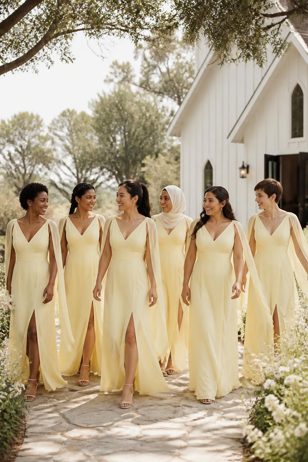 Realistic outdoor wedding photograph of six bridesmaids wearing pale lemon chiffon gowns with fitted V-neck bodices, defined waists, and long split cape sleeves attached at the shoulders, women of West African, South Asian, East Asian, Middle Eastern, Latina, and European appearance with deep, medium brown, golden, olive, tan, and fair complexions, bright expressive faces, realistic skin texture and subtle makeup, hairstyles including natural curls, a braided crown, smooth hijab styling, glossy ponytail, loose waves, and a short textured cut, walking beside a white countryside chapel surrounded by mature trees, cream wildflowers, and pale stone paths, light breeze moving the chiffon capes naturally, visible fabric transparency, soft shadows, and believable proportions, documentary-style DSLR wedding photography.