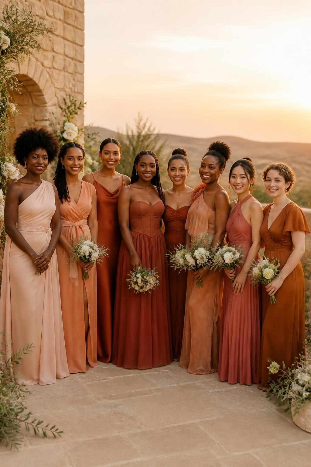 Realistic golden-hour destination wedding photograph of eight bridesmaids wearing mismatched gowns in pale peach, apricot, soft coral, burnt orange, cinnamon, clay, rust, and muted terracotta, fabrics including chiffon, satin, matte crepe, organza, jacquard, and fine pleated georgette, silhouettes including a one-shoulder sash gown, soft wrap dress, cowl-neck slip, corset basque-waist dress, drop-waist column, rosette-shoulder organza gown, halter dress, and flutter-sleeve design, women with deep ebony, rich mahogany, warm brown, golden tan, olive, East Asian beige, and fair freckled complexions, different ages and body proportions, bright happy faces and realistic skin detail, hairstyles including natural afros, locs, long braids, ponytails, buns, soft waves, and short curls, standing on a desert-style villa terrace with sandstone walls, cream flowers, olive branches, and a glowing sunset, believable warm color rendering without orange-tinted skin.