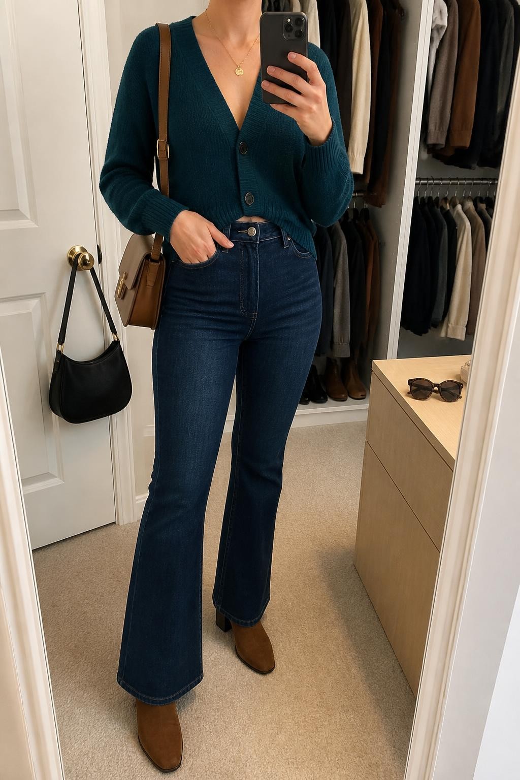 Mirror selfie of a woman wearing a deep teal V-neck cardigan, dark blue high-waisted flared jeans, brown suede block-heel ankle boots, a structured camel shoulder bag, and a delicate gold pendant necklace, clearly showing the exact clothing items, colors, fabrics, and accessories listed, holding a phone in front of a walk-in closet mirror, cropped at the neck so the face does not show, relaxed casual selfie pose, soft indoor lighting, sunglasses placed on a dresser and a handbag hanging on a door handle, natural everyday setting, latest iPhone photo quality.