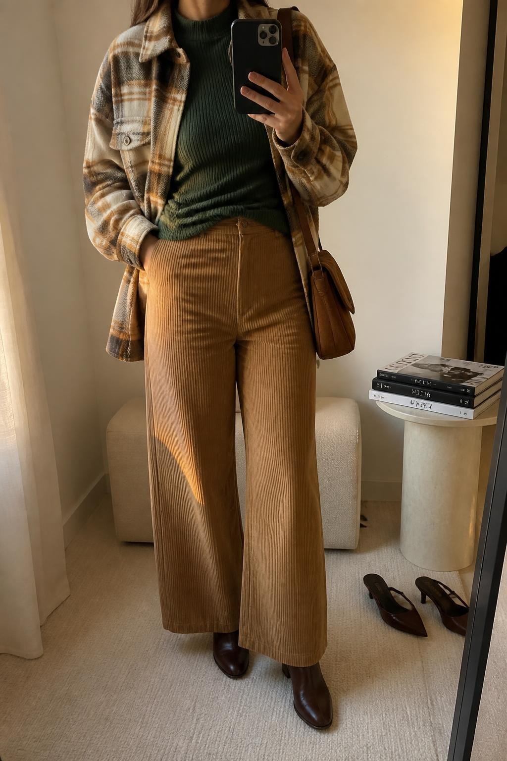 mirror selfie of a woman wearing an open brown, camel, and cream plaid wool-blend shacket over a forest green fitted ribbed mock-neck top with a small front tuck into camel wide-leg corduroy trousers, chocolate leather ankle boots, and a tan suede shoulder bag, clearly showing the exact clothing items, colors, plaid pattern, fabrics, boots, and bag listed in the Outfit Pieces section, holding a phone in front of a mirror, cropped at NECK so the face does not show, relaxed casual selfie pose in a minimal dressing room, evening golden hour light, with a pair of heels on the floor nearby and a stack of fashion magazines on a side table, realistic wool, ribbed knit, corduroy, leather, and suede textures, natural unstaged mirror photo, latest iPhone photo quality