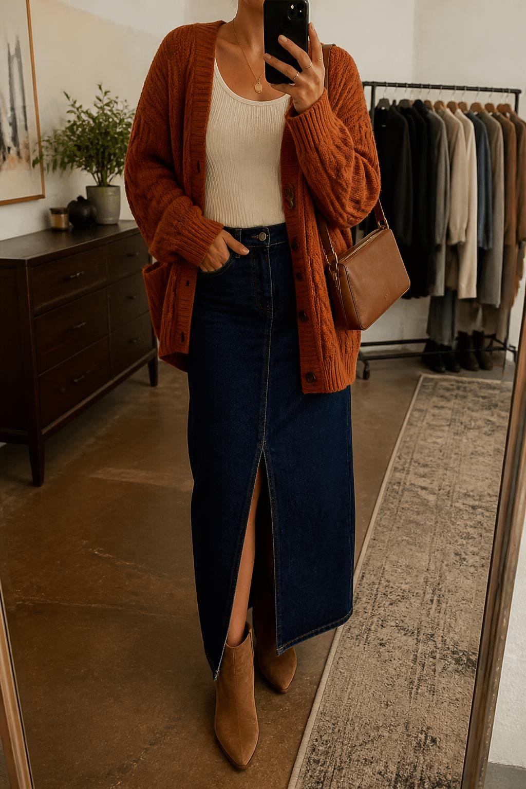 Mirror selfie of a woman wearing an oversized rust-orange cable-knit cardigan over a fitted ivory tank top, a dark indigo denim maxi skirt with a front slit, tan suede ankle boots, and a cognac leather shoulder bag, clearly showing the exact clothing items, colors, fabrics, and accessories listed, holding a phone in front of a fashion studio mirror corner, cropped at the neck so the face does not show, relaxed casual selfie pose, warm moody lighting, a clothing rack with garments behind and a small plant on a dresser, believable editorial setting, latest iPhone photo quality.