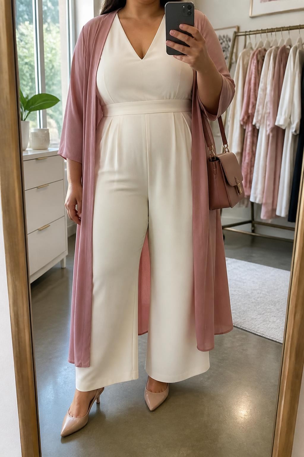 Mirror selfie of a plus size woman wearing an ivory crepe wide-leg jumpsuit with short sleeves, a modest V-neckline, and a softly defined waist, a dusty rose lightweight longline duster worn open, nude pointed slingback heels, and a structured dusty rose shoulder bag, clearly showing the exact clothing items, ivory jumpsuit, rose duster, wide-leg shape, footwear, and accessories listed, holding a phone in front of a mirror, cropped at the neck so the face does not show, relaxed graceful selfie pose, in a fashion studio mirror corner with natural window light, a clothing rack with garments behind her and a small plant on a dresser, realistic baby shower outfit, latest iPhone photo quality.