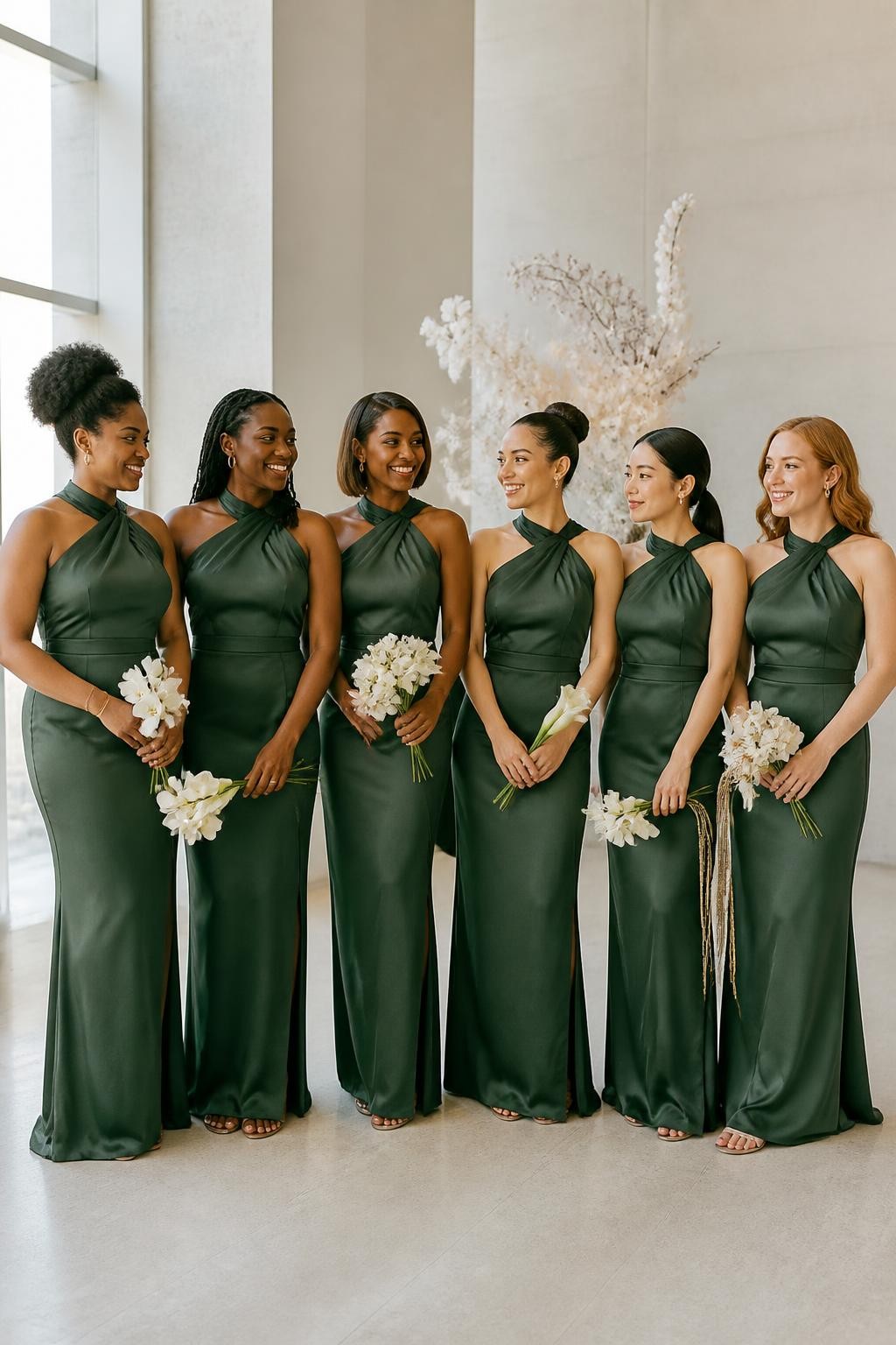 Realistic contemporary wedding photograph of six bridesmaids wearing pine green matte-satin column dresses with sculpted twisted necklines, soft folds wrapping diagonally over one shoulder, lightly defined waists, and floor-length skirts with discreet back slits, women with deep blue-black, dark warm brown, copper, golden olive, East Asian fair, and pale freckled complexions, naturally varied shoulder widths, ages, heights, and body shapes, bright confident faces with realistic skin texture and subtle makeup, hairstyles including a high curly puff, long twists, polished side-part bob, sculptural bun, sleek ponytail, and brushed waves, standing inside a modern art gallery with pale concrete walls, limestone floors, tall windows, and minimal ivory floral installations, directional daylight revealing the folded neckline construction, natural seams, slight fabric creasing, and relaxed group spacing.
