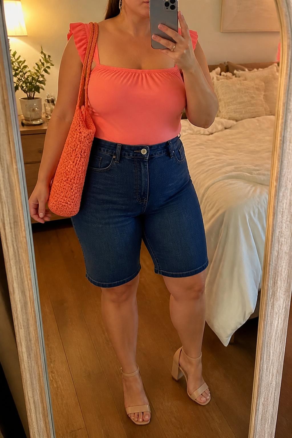Mirror selfie of a plus size woman wearing dark blue high-waisted denim jorts with a clean knee-length cut, a coral pink square-neck blouse with short ruffled sleeves, nude block-heel sandals, a coral woven shoulder bag, and delicate gold drop earrings, clearly showing the exact clothing items, dark denim, coral fabric, ruffle details, footwear, and accessories listed, holding a phone in front of a mirror, cropped at the neck so the face does not appear, relaxed cheerful selfie pose, in a cozy bedroom mirror setup with evening golden-hour lighting, soft pillows on an unmade bed and a small plant on a dresser, realistic birthday brunch outfit, latest iPhone photo quality.