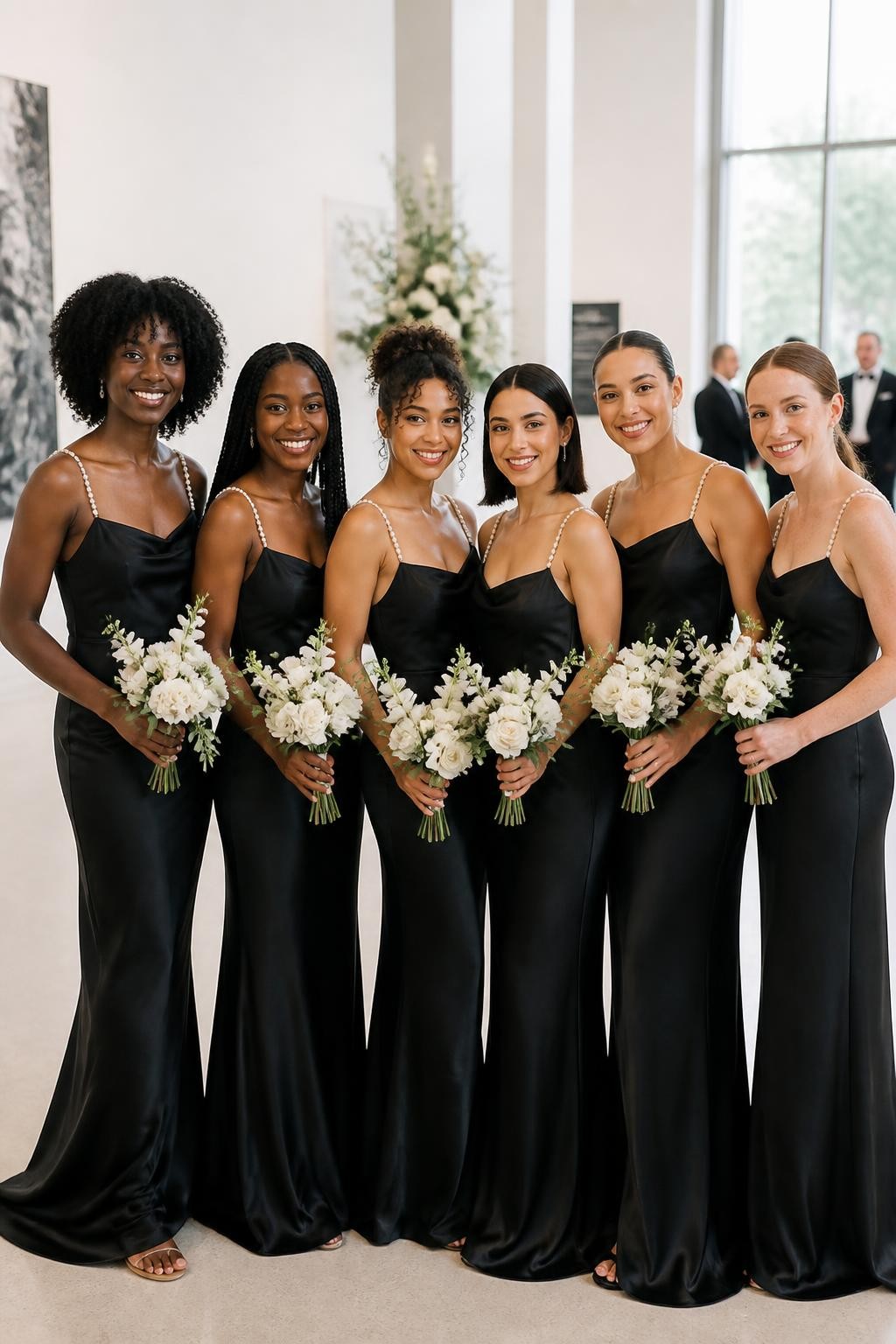 Realistic wedding editorial of six bridesmaids wearing elegant black satin slip dresses with slim pearl-beaded shoulder straps, necklines varying slightly between straight, scoop, and soft cowl shapes, diverse women with ebony, dark brown, cinnamon, olive, light beige, and pale freckled skin tones, bright confident faces, realistic smiles and distinct features, natural curls, box braids, shoulder-length hair, sleek buns, and loose waves, standing in a bright art gallery wedding venue with white walls, pale stone floors, modern floral installations, and large windows, pearls reflecting small points of natural light, realistic satin draping and body variety, clean high-resolution DSLR image.
