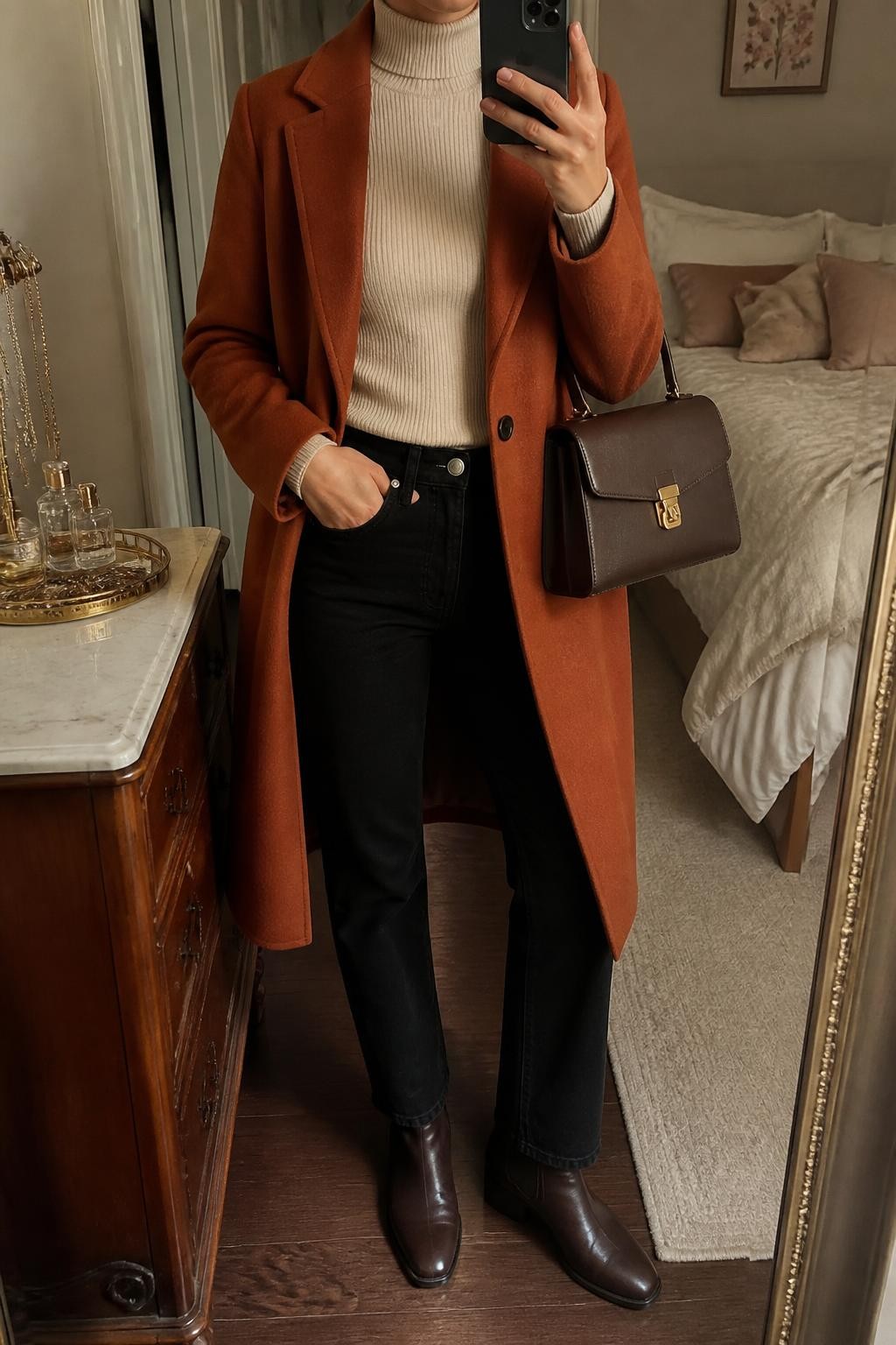 mirror selfie of a woman wearing an open rust single-breasted wool-blend coat over an oatmeal fitted fine-knit turtleneck, black high-rise straight-leg jeans, dark brown leather Chelsea boots, and a chocolate structured top-handle bag, clearly showing the exact clothing items, colors, fabrics, boots, and bag listed in the Outfit Pieces section, holding a phone in front of a mirror, cropped at NECK so the face does not show, relaxed polished selfie pose in a feminine-themed bedroom, warm moody lighting, with a jewelry tray on a dresser and soft pillows on an unmade bed, realistic wool, fine knit, denim, and leather textures, latest iPhone photo quality