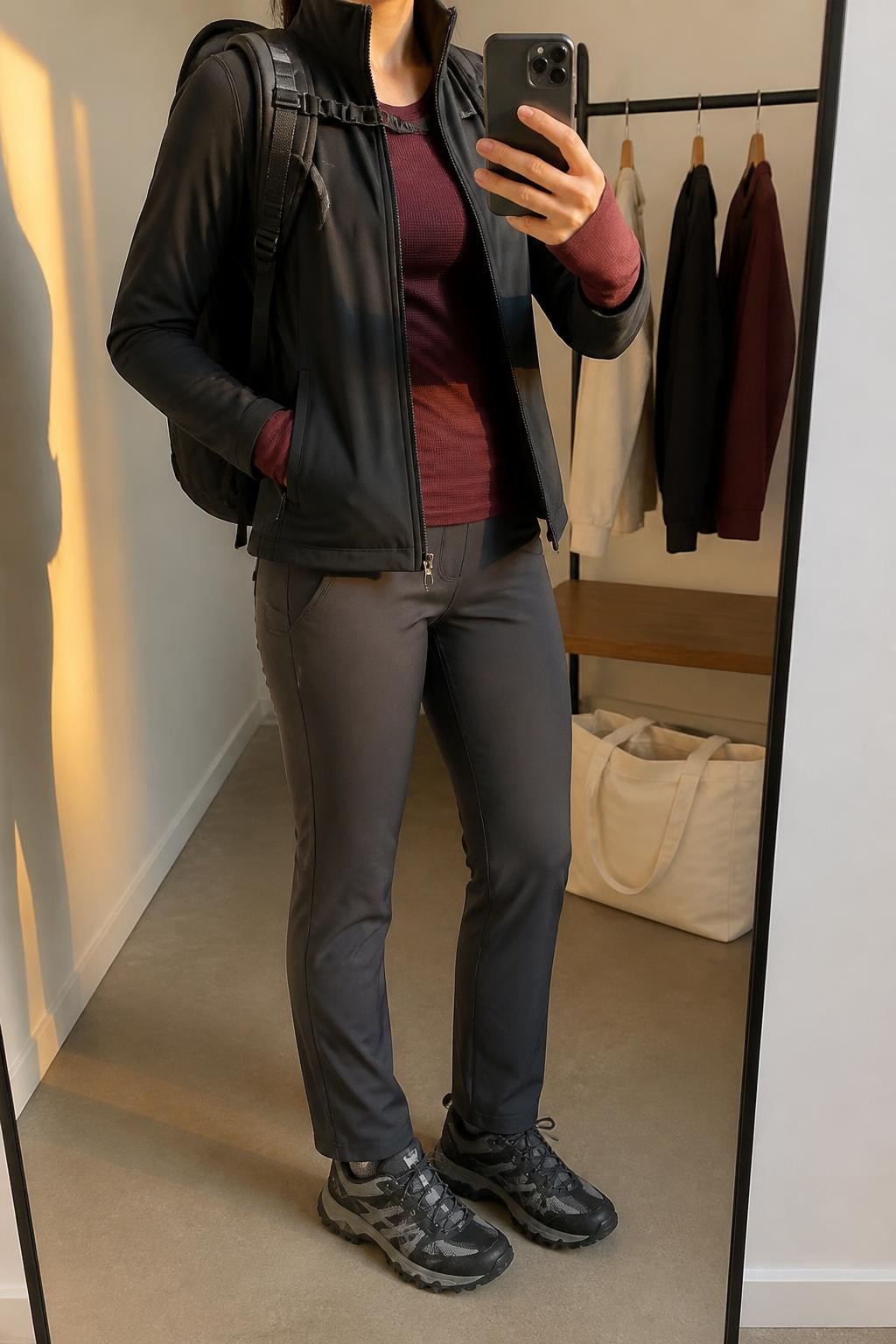 mirror selfie of a woman wearing an open black fitted softshell jacket over a burgundy long-sleeve thermal top, charcoal straight-leg hiking leggings, black and gray trail sneakers, and a black water-resistant backpack, clearly showing the exact clothing items, colors, fabrics, sneakers, and backpack listed in the Outfit Pieces section, holding a phone in front of a mirror, cropped at NECK so the face does not show, relaxed athletic selfie pose in a minimal dressing room, evening golden hour light, with a clothing rack holding a few garments behind her and a water-free plain tote bag on the floor, realistic softshell, thermal knit, stretch fabric, rubber, and water-resistant nylon textures, latest iPhone photo quality