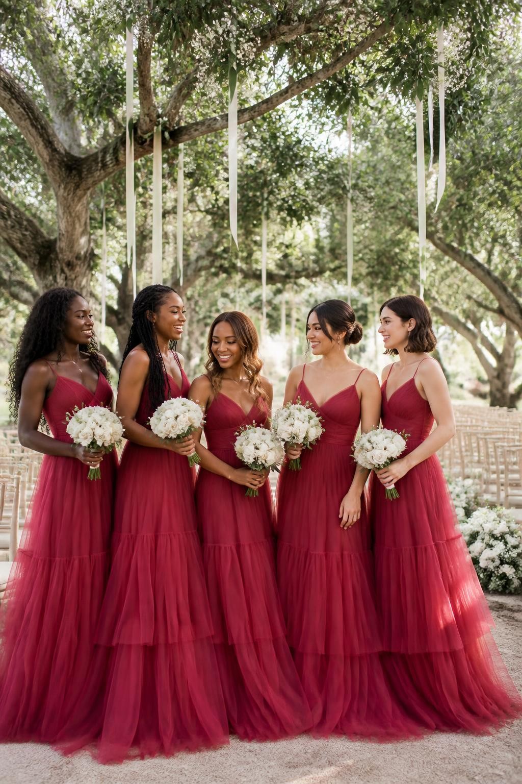 Realistic romantic garden wedding photograph of five bridesmaids wearing raspberry red tulle gowns with clean fitted bodices, narrow straps, elongated dropped waists, and airy tiered floor-length skirts, women with dark mahogany, rich brown, warm golden, olive, and fair complexions, bright beautiful faces with distinct features, realistic skin texture, hairstyles including natural curls, long twists, glossy waves, soft bun, and shoulder-length bob, standing beneath mature trees decorated with small white flowers and hanging ribbons, cream chairs and ivory floral arrangements behind them, diffused afternoon light passing through the layered tulle, natural movement and visible fabric edges, dreamy but believable wedding photography.
