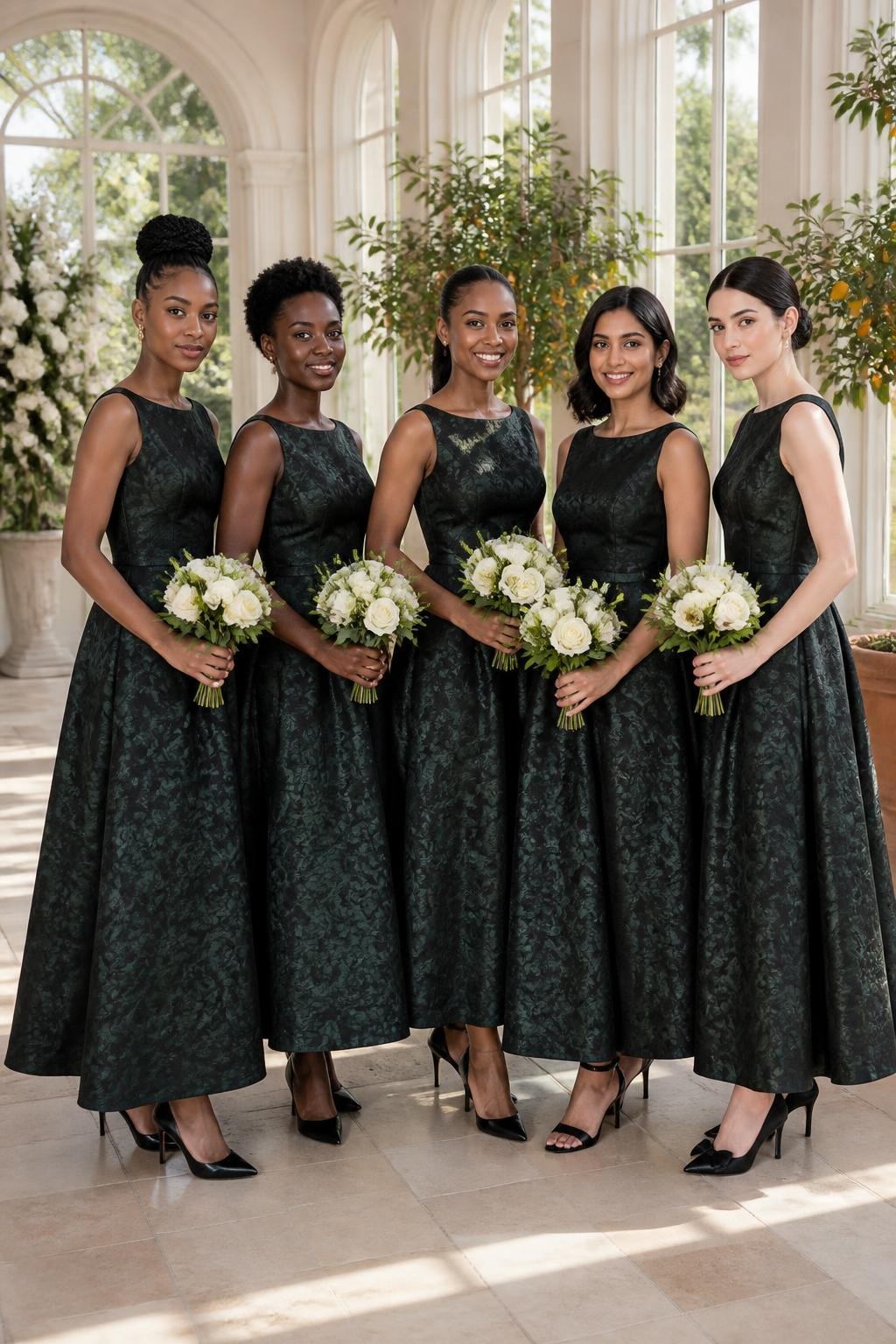 Realistic formal daytime wedding portrait of five bridesmaids wearing black-green jacquard gowns with tonal woven roses, curling vines, and abstract leaves, fitted bateau and square-neck bodices, softly pointed waistlines, and full ankle-length skirts, women with deep cool brown, rich warm brown, caramel, South Asian olive, and pale neutral complexions, naturally varied ages, heights, and body shapes, bright poised faces with distinct features and realistic makeup, hairstyles including a high braided bun, cropped coils, glossy ponytail, shoulder-length waves, and classic chignon, standing inside a bright orangery with tall windows, potted citrus trees, ivory flowers, and pale limestone flooring, angled sunlight revealing the woven green pattern without excessive shine, realistic fabric stiffness, deep skirt folds, and elegant heels visible.