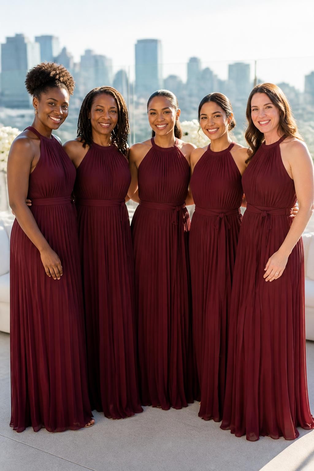 Realistic modern wedding photograph of five bridesmaids wearing garnet burgundy chiffon halter gowns with narrow gathered necklines, fine vertical pleats through the bodices and skirts, and softly tied waistbands, women with deep neutral brown, warm copper, medium brown, golden olive, and fair complexions, different shoulder widths, ages, and body types, bright expressive faces with natural makeup and realistic under-eye texture, hairstyles including a high curly puff, shoulder-length locs, sleek ponytail, low bun, and loose waves, standing on a contemporary rooftop terrace with pale concrete, cream furniture, glass railings, white flowers, and a softly blurred city skyline, late-afternoon sunlight passing naturally through the pleats, crisp editorial DSLR detail.