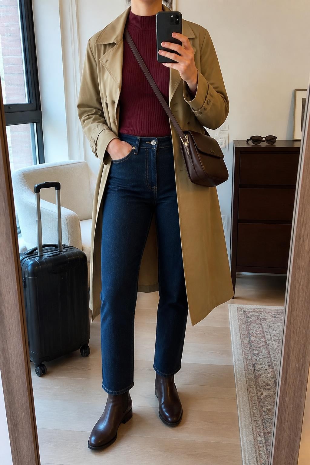 mirror selfie of a woman wearing an open camel water-resistant cotton trench coat over a burgundy fitted ribbed mock-neck sweater, dark-wash high-rise straight-leg jeans, chocolate leather Chelsea boots, and a dark brown zip-top crossbody bag, clearly showing the exact clothing items, colors, fabrics, boots, and bag listed in the Outfit Pieces section, holding a phone in front of a full-length mirror, cropped at NECK so the face does not show, relaxed travel-ready selfie pose in a stylish city apartment, natural window light, with a small suitcase beside a chair and sunglasses placed on a dresser, realistic cotton, ribbed knit, denim, and leather textures, natural unstaged composition, latest iPhone photo quality