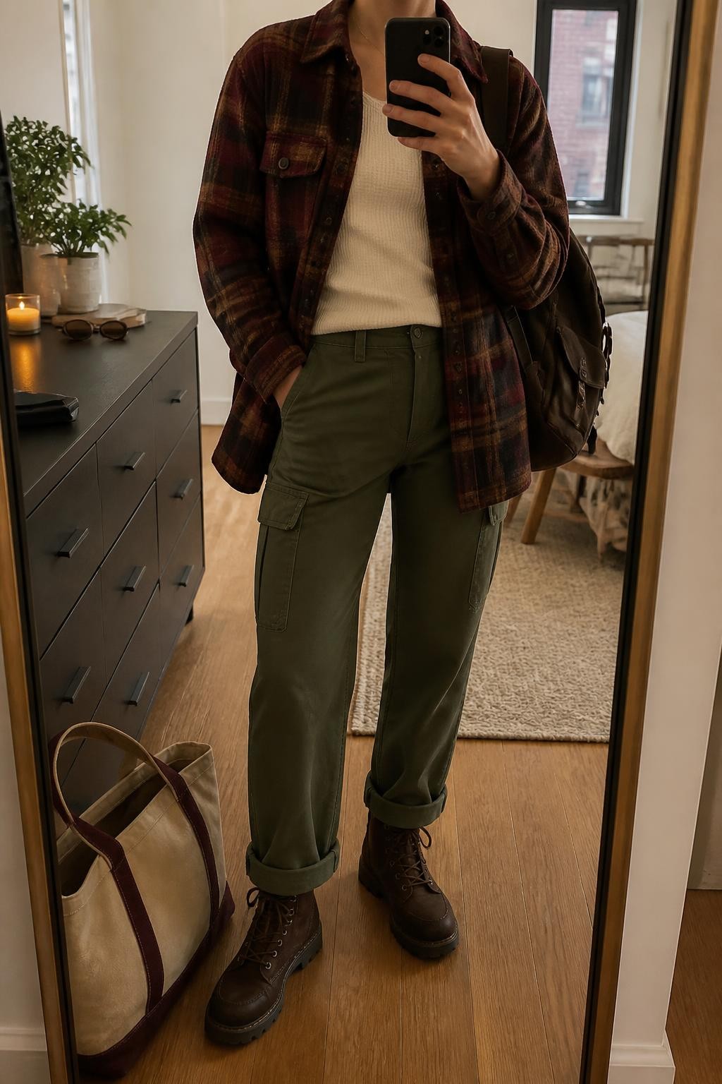 mirror selfie of a woman wearing an open burgundy and brown plaid wool-blend shacket over a cream fitted thermal top, olive relaxed straight-leg cargo pants rolled once above chocolate weather-resistant hiking boots, and a dark brown canvas backpack, clearly showing the exact clothing items, colors, plaid pattern, fabrics, boots, and backpack listed in the Outfit Pieces section, holding a phone in front of a mirror, cropped at NECK so the face does not show, relaxed outdoor-ready selfie pose in a stylish city apartment, warm moody lighting, with a tote bag resting on the floor and sunglasses placed on a dresser, realistic wool, thermal knit, utility cotton, leather, and canvas textures, latest iPhone photo quality