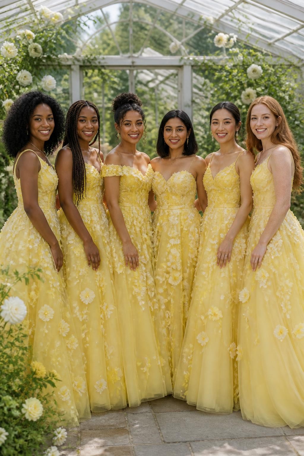 Realistic greenhouse wedding portrait of six bridesmaids wearing daffodil yellow organza gowns with delicate three-dimensional floral appliqués scattered across fitted bodices and layered skirts, necklines varying between narrow straps, soft scoop, and off-shoulder shapes, women with deep mahogany, rich brown, medium golden, South Asian olive, East Asian fair, and pale freckled skin tones, bright joyful faces, realistic skin highlights and fresh makeup, hairstyles including natural curls, box braids, a twisted updo, polished bob, sleek bun, and loose waves, standing inside a glass botanical greenhouse filled with white roses, climbing greenery, pale yellow ranunculus, and soft daylight, translucent organza layers catching the light naturally, appliqué petals casting tiny realistic shadows, elegant photo-realistic DSLR wedding fashion.