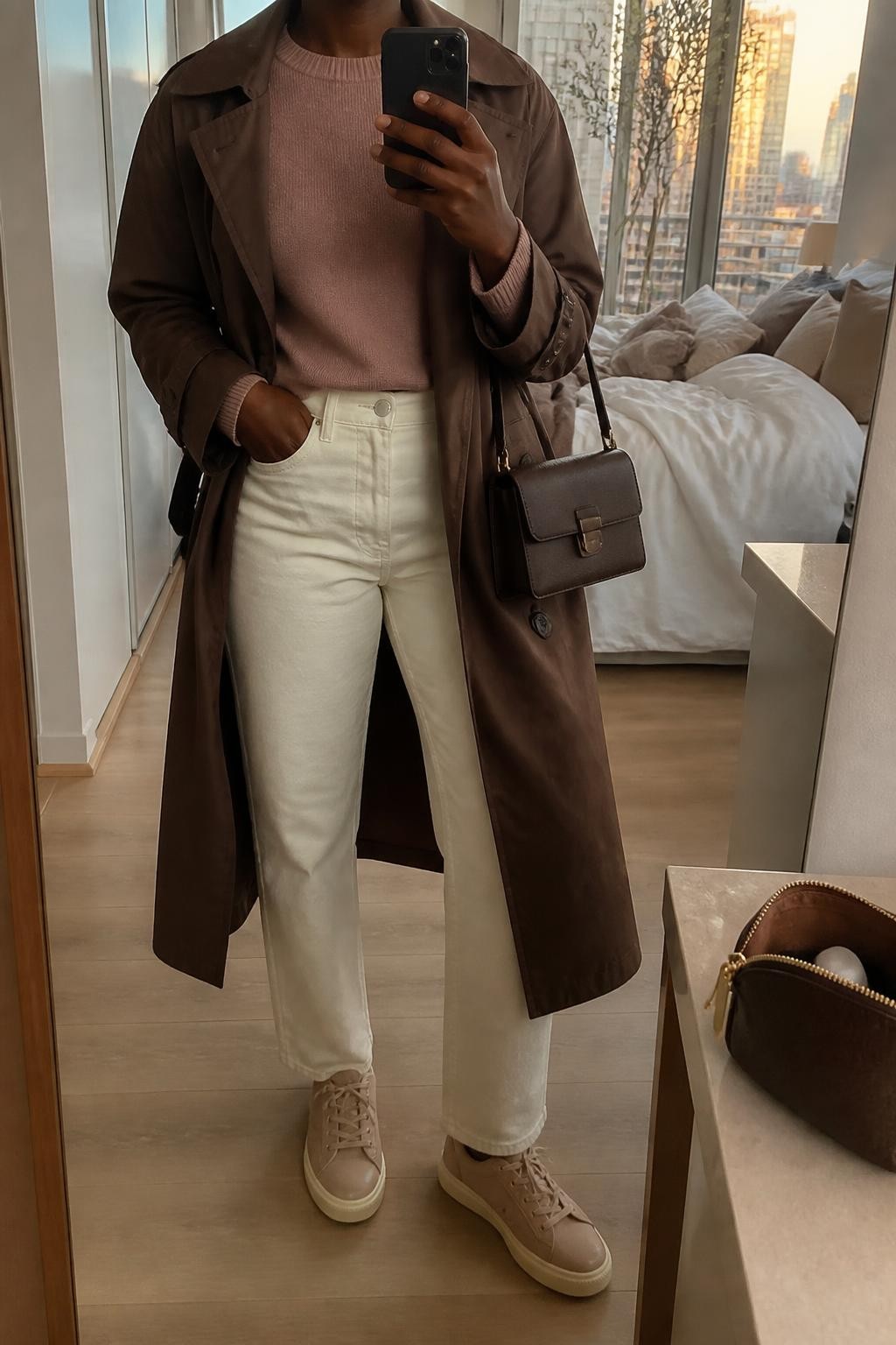 mirror selfie of a Black woman wearing an open chocolate brown cotton trench coat over a dusty blush fine-knit crewneck sweater, cream high-rise straight-leg jeans, blush leather sneakers with cream soles, and a chocolate structured mini handbag, clearly showing the exact clothing items, colors, fabrics, sneakers, and bag listed in the Outfit Pieces section, holding a phone in front of a mirror, cropped at NECK so the face does not show, relaxed polished selfie pose in a stylish city apartment, evening golden hour light, with soft pillows on an unmade bed and a cosmetic bag on a nearby counter, realistic cotton, fine knit, denim, leather, and structured bag textures, natural unstaged mirror photo, latest iPhone photo quality