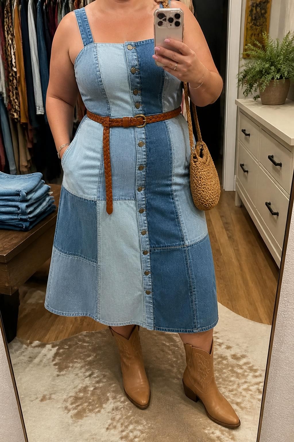 Mirror selfie of a plus size woman wearing a sleeveless patchwork denim midi dress with mixed light and medium blue panels, wide shoulder straps, a fitted waist, and a front button opening, tan leather mid-calf cowboy boots, a tan braided leather belt, and a small woven tan crossbody bag, clearly showing the exact dress panels, denim colors, buttons, footwear, belt, and accessories listed, holding a phone in front of a mirror, cropped at the neck so her face does not appear, relaxed country selfie stance, in a walk-in closet mirror with soft indoor lighting, folded denim jeans on a bench and a small plant on a dresser, realistic denim-focused concert styling, latest iPhone photo quality.
