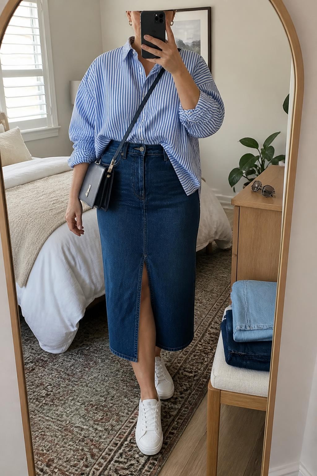 Mirror selfie of a plus size woman wearing a dark indigo high-waisted denim midi skirt with a front walking slit, an oversized blue and white striped cotton button-down shirt tucked loosely at the front, white leather sneakers, a structured navy crossbody bag, and small silver hoop earrings, clearly showing the exact clothing items, denim wash, stripe pattern, front slit, footwear, and accessories listed, holding a phone in front of a mirror, cropped at the neck so her face does not appear, relaxed casual selfie stance, in a cozy bedroom mirror setup with natural window light, folded denim jeans on a bench and sunglasses placed on a dresser, realistic weekend outfit, latest iPhone photo quality.