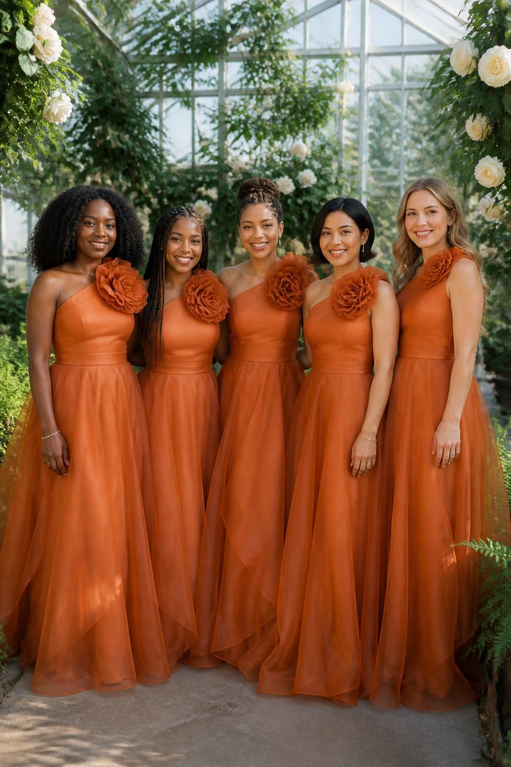Realistic greenhouse wedding portrait of five bridesmaids wearing copper-orange organza gowns with large handmade rosettes positioned along one shoulder, fitted opaque bodices, softly defined waists, and airy layered floor-length skirts, women with deep mahogany, rich brown, medium golden, olive, and fair peach skin tones, naturally varied ages and body proportions, bright beautiful faces with realistic skin highlights and individual smiles, hairstyles including springy coils, long braids, a twisted updo, polished bob, and loose waves, standing inside a glass botanical greenhouse filled with ivory roses, climbing greenery, ferns, and diffused daylight, translucent copper organza layers catching the light softly, rosette petals casting small natural shadows, visible hand-finished edges, and gentle skirt movement.