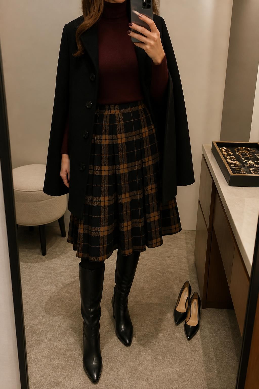 mirror selfie of a woman wearing a black wool-blend cape coat left partly open over a burgundy fitted fine-knit turtleneck tucked into a black and camel plaid pleated midi skirt, black opaque tights, and black leather knee-high boots, clearly showing the exact clothing items, colors, plaid pattern, fabrics, tights, and boots listed in the Outfit Pieces section, holding a phone in front of a mirror, cropped at NECK so the face does not show, relaxed polished selfie pose in a minimal dressing room, warm moody lighting, with a jewelry tray on the vanity and a pair of heels on the floor nearby, realistic wool, fine knit, pleated fabric, tights, and leather textures, natural mirror photo, latest iPhone photo quality