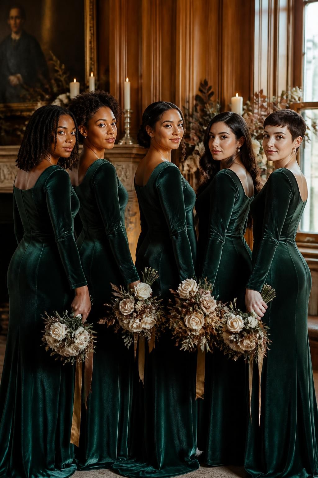 Realistic autumn wedding portrait of five bridesmaids wearing deep forest green velvet column gowns with wide square necklines, fitted waists, long sleeves, and subtle back slits, women with very deep brown, warm mahogany, medium golden, olive, and pale rosy skin tones, bright elegant faces with realistic pores and soft seasonal makeup, hairstyles including shoulder-length locs, sculpted natural curls, a low braided bun, glossy waves, and a short pixie cut, standing inside a historic wood-paneled venue decorated with taper candles, cream roses, dark foliage, and antique brass details, soft window light revealing the rich velvet pile and natural tonal changes, believable creases at the elbows and waist, sophisticated DSLR editorial photography.