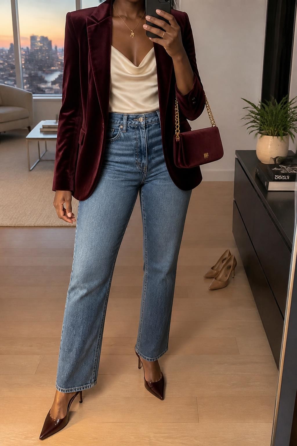 mirror selfie of a Black woman wearing an open burgundy fitted velvet blazer over a cream satin cowl-neck top tucked into medium-wash high-rise straight-leg jeans, chocolate pointed-toe slingback heels, and a burgundy velvet mini shoulder bag, clearly showing the exact clothing items, colors, fabrics, shoes, and bag listed in the Outfit Pieces section, holding a phone in front of a mirror, cropped at NECK so the face does not show, relaxed elegant selfie pose in a stylish city apartment, evening golden hour light, with a small plant on a dresser and a pair of heels on the floor nearby, realistic velvet, satin, denim, and leather-look textures, latest iPhone photo quality