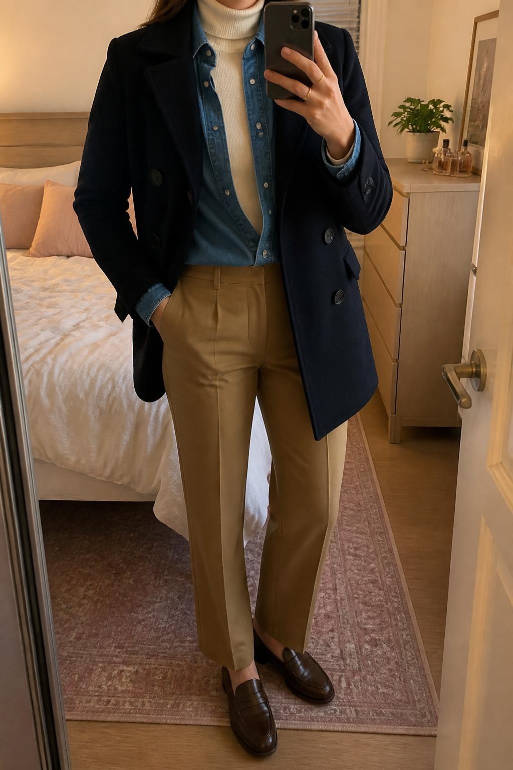 mirror selfie of a woman wearing an open navy double-breasted wool-blend peacoat over a medium-wash denim button-down shirt left partly open above a cream fitted fine-knit turtleneck, camel straight-leg tailored trousers, and dark brown leather penny loafers, clearly showing the exact clothing items, colors, fabrics, and shoes listed in the Outfit Pieces section, holding a phone in front of a mirror, cropped at NECK so the face does not show, relaxed polished selfie pose in a feminine-themed bedroom, evening golden hour light, with soft pillows on an unmade bed and a small plant on a dresser, realistic wool, denim, fine knit, tailored fabric, and leather textures, latest iPhone photo quality