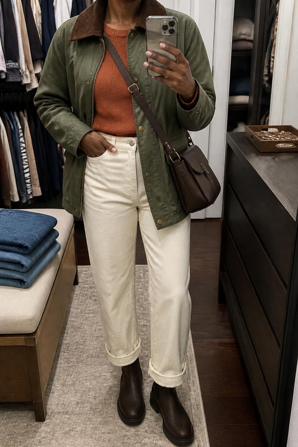 mirror selfie of a Black woman wearing an olive cotton barn jacket with a brown corduroy collar partly open over a rust fine-knit crewneck sweater, cream high-rise straight-leg jeans cuffed once above dark brown weather-resistant ankle boots, and a chocolate canvas crossbody bag, clearly showing the exact clothing items, colors, fabrics, boots, and bag listed in the Outfit Pieces section, holding a phone in front of a mirror, cropped at NECK so the face does not show, relaxed casual selfie pose in a walk-in closet mirror, soft indoor lighting, with folded denim jeans on a bench and a jewelry tray on the vanity, realistic cotton, corduroy, knit, denim, leather, and canvas textures, latest iPhone photo quality