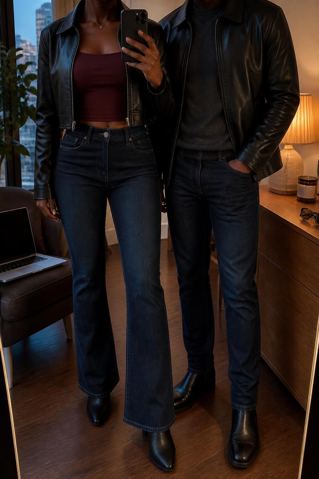 mirror selfie of a Black couple wearing coordinated dark fall outfits, the woman wearing an open black cropped faux-leather jacket over a burgundy fitted square-neck top, dark-wash flare jeans, and black heeled ankle boots, the man wearing an open black classic faux-leather jacket over a charcoal crewneck knit, dark-wash jeans, and black leather boots, clearly showing the exact clothing items, colors, fabrics, and footwear listed in the Outfit Pieces section, the woman holding a phone while the man stands beside her, both cropped at NECK so their faces do not show, relaxed confident couple pose in a stylish city apartment, warm moody lighting, with a laptop resting on a chair and sunglasses placed on a dresser, realistic faux-leather, knit, denim, and leather textures, latest iPhone photo quality