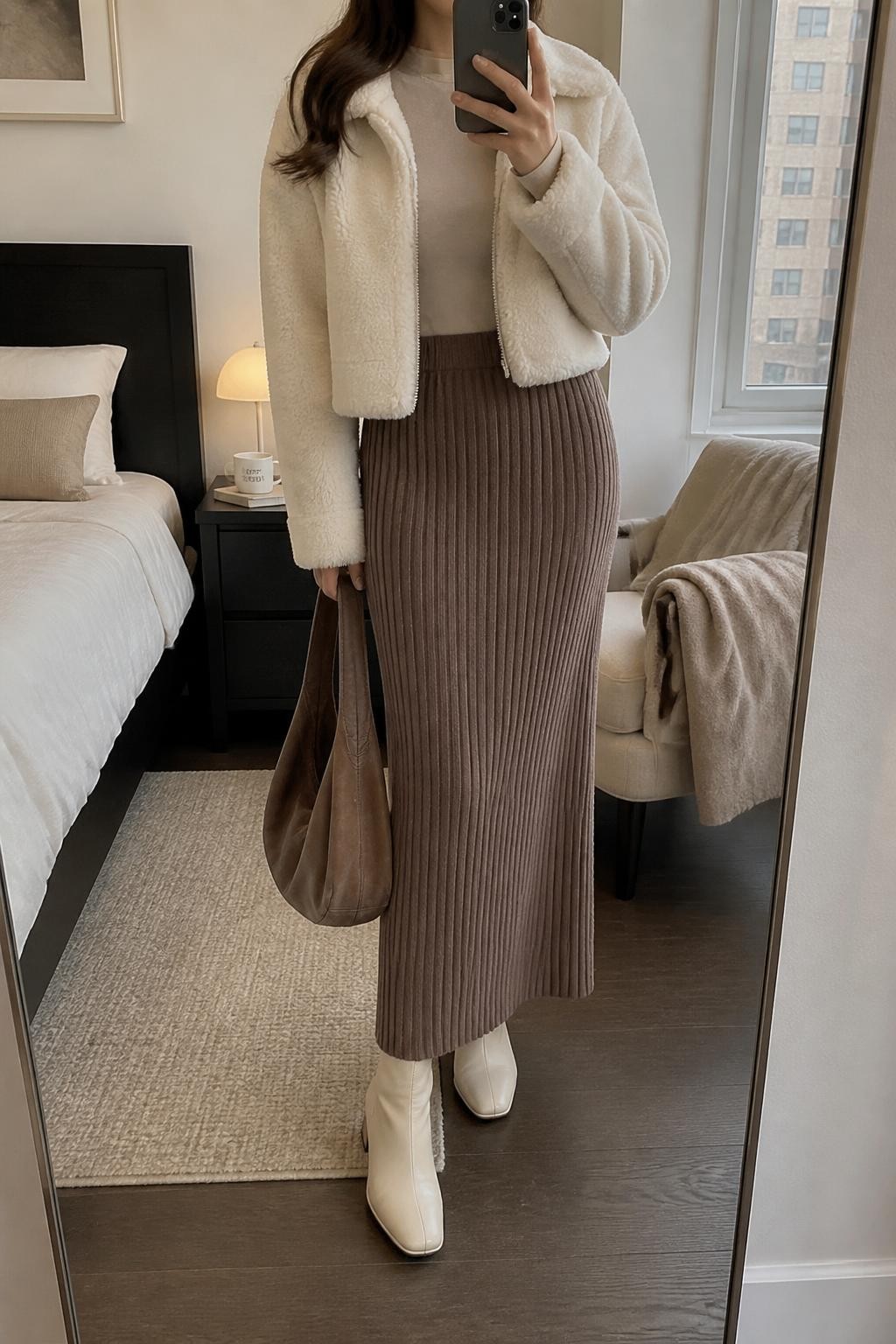 Mirror selfie of a woman wearing a mocha ribbed-knit maxi skirt, cropped ivory faux-shearling jacket, fitted beige long-sleeve top, cream leather ankle boots, and soft brown hobo bag, clearly showing the exact clothing items, colors, fabrics, and accessories listed, holding a phone in front of a stylish city apartment mirror, cropped at the neck so the face does not show, relaxed casual selfie pose, soft indoor lighting, coffee mug on a bedside table and folded blanket on a chair, cozy uncluttered environment, latest iPhone photo quality.