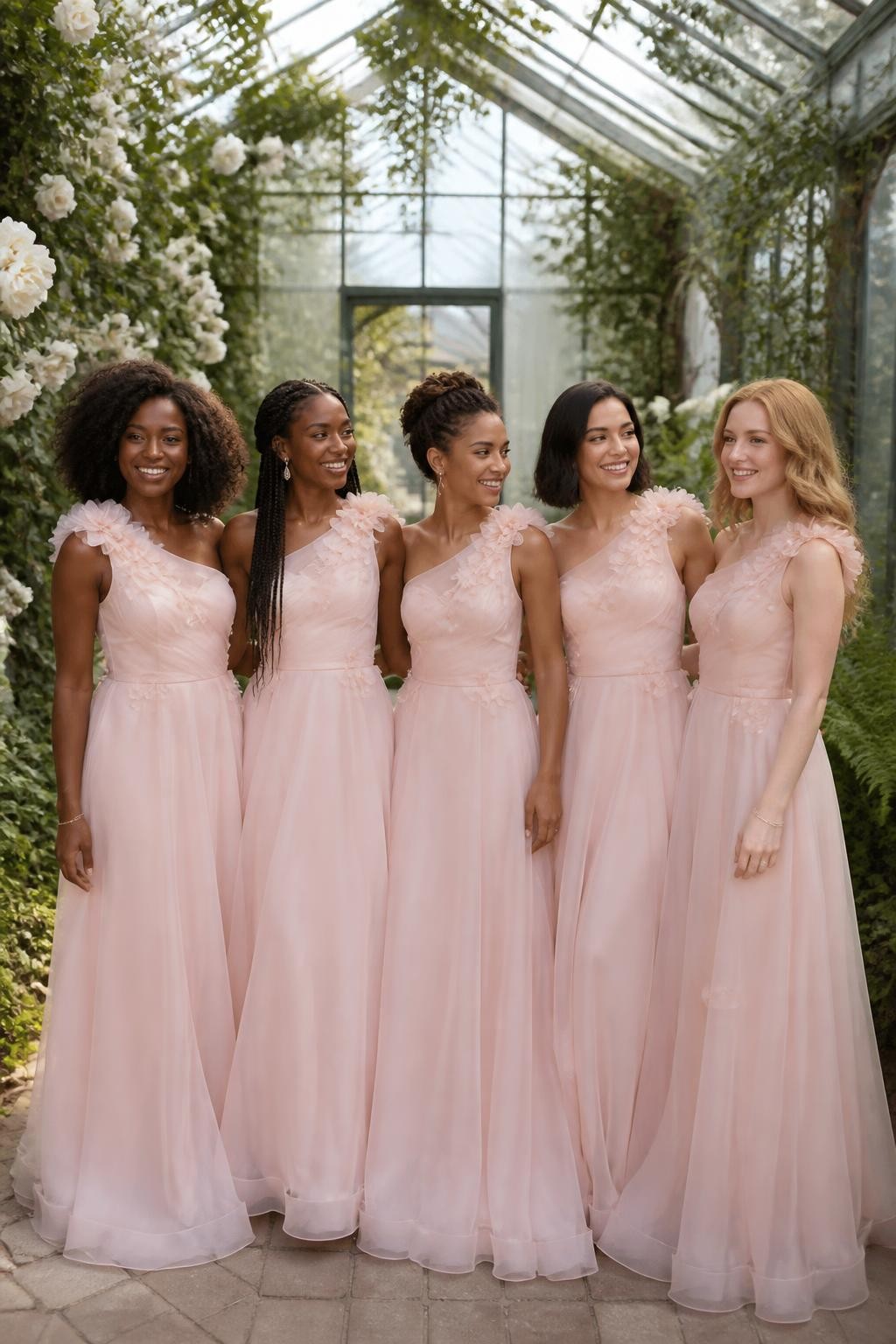Realistic greenhouse wedding portrait of five bridesmaids wearing pale blush organza gowns with handmade three-dimensional camellia flowers positioned asymmetrically over one shoulder and scattered lightly across the upper bodice, fitted opaque linings, softly shaped waists, and airy layered floor-length skirts, women with deep mahogany, rich brown, medium golden, olive, and fair peach skin tones, naturally varied ages and body proportions, bright beautiful faces with individual smiles and realistic skin highlights, hairstyles including springy coils, long braids, twisted updo, polished bob, and loose waves, standing inside a glass botanical greenhouse filled with white roses, climbing greenery, ferns, and diffused daylight, translucent blush fabric catching the light softly, individual petals casting tiny natural shadows, visible hand-finished flower edges, realistic skirt movement and no plastic-looking skin.