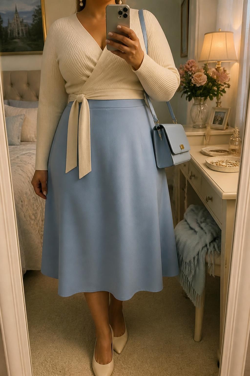 Mirror selfie of a plus size woman wearing a powder blue high-waisted A-line midi skirt, a fitted cream long-sleeve wrap sweater with a softly tied waist, cream pointed block heels, a structured powder blue shoulder bag, and pearl drop earrings, clearly showing the exact clothing items, powder blue skirt, cream knit, wrap shape, footwear, and accessories listed, holding a phone in front of a mirror, cropped at the neck so the face does not appear, relaxed graceful selfie pose, in a feminine-themed bedroom with evening golden-hour lighting, a folded blanket on a chair and a jewelry tray on the vanity, realistic church outfit, latest iPhone photo quality.