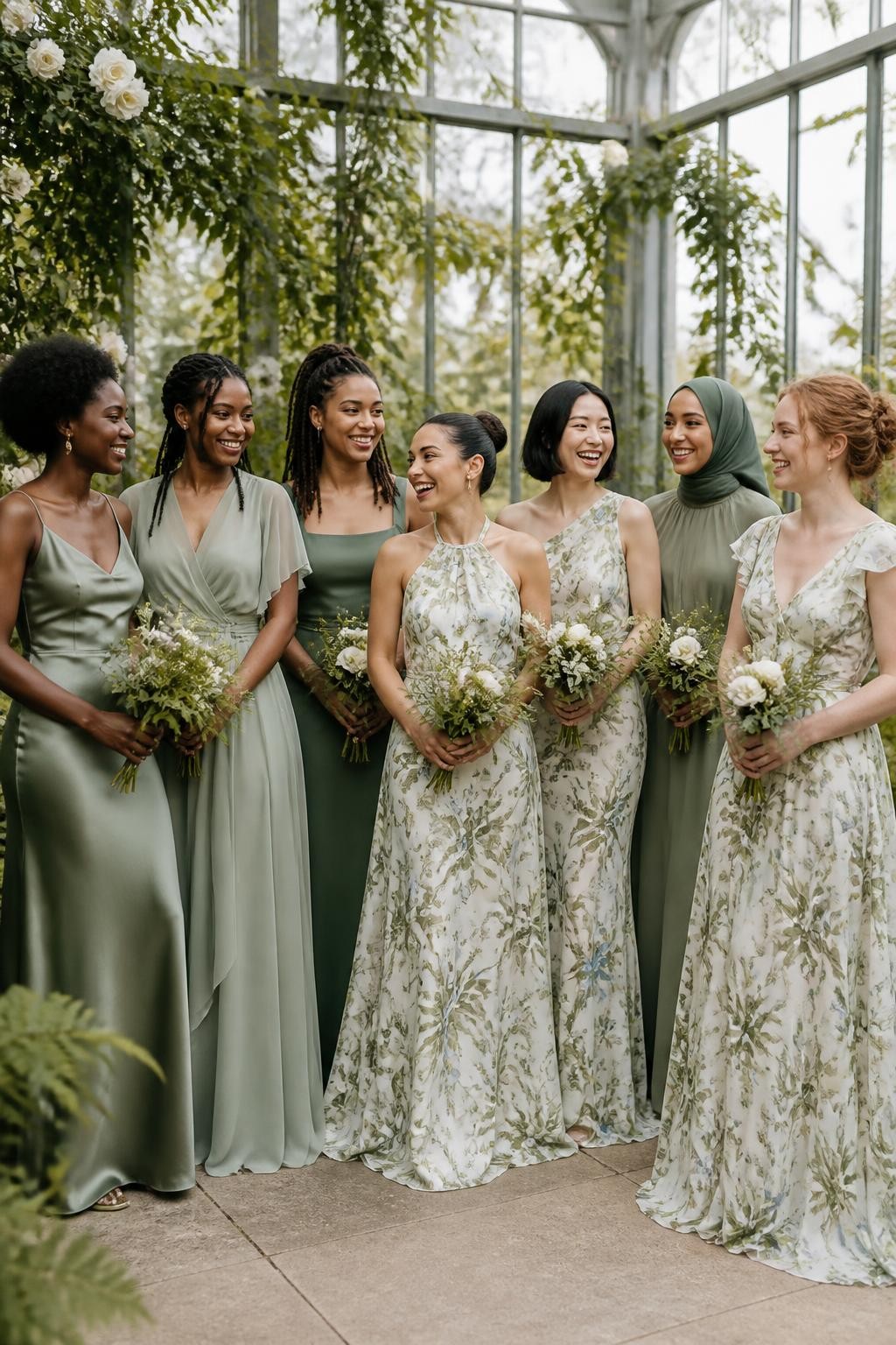 Realistic botanical wedding photograph of seven bridesmaids wearing a curated mixture of solid sage, eucalyptus, and olive dresses alongside cream-based botanical-print gowns with watercolor green leaves, small ivory blossoms, and muted blue flowers, silhouettes including a satin cowl-neck slip, chiffon wrap dress, square-neck crepe gown, floral halter dress, one-shoulder printed gown, cape-sleeve dress, and organza A-line design, women with very deep brown, rich brown, reddish brown, golden olive, East Asian fair, tan, and pale freckled complexions, naturally varied body types, bright joyful faces with realistic skin texture and unique features, hairstyles including coils, twists, locs, waves, sleek buns, a short bob, and softly wrapped hijab, standing inside a glass greenhouse filled with climbing vines, white roses, ferns, and diffused natural daylight, prints remaining clear and fabrics moving gently.