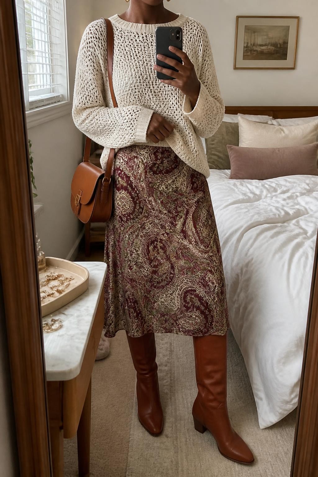 Mirror selfie of a Black woman wearing a burgundy, olive, and cream paisley midi skirt, a loose cream crochet-knit sweater, cognac leather knee-high boots, a structured brown saddle bag, and small hammered-gold hoop earrings, clearly showing the exact clothing items, colors, fabrics, and accessories listed, holding a phone in front of a cozy bedroom mirror setup, cropped at the neck so the face does not show, relaxed casual selfie pose, natural window light, soft pillows on an unmade bed and a jewelry tray on the vanity, realistic lived-in setting, latest iPhone photo quality.