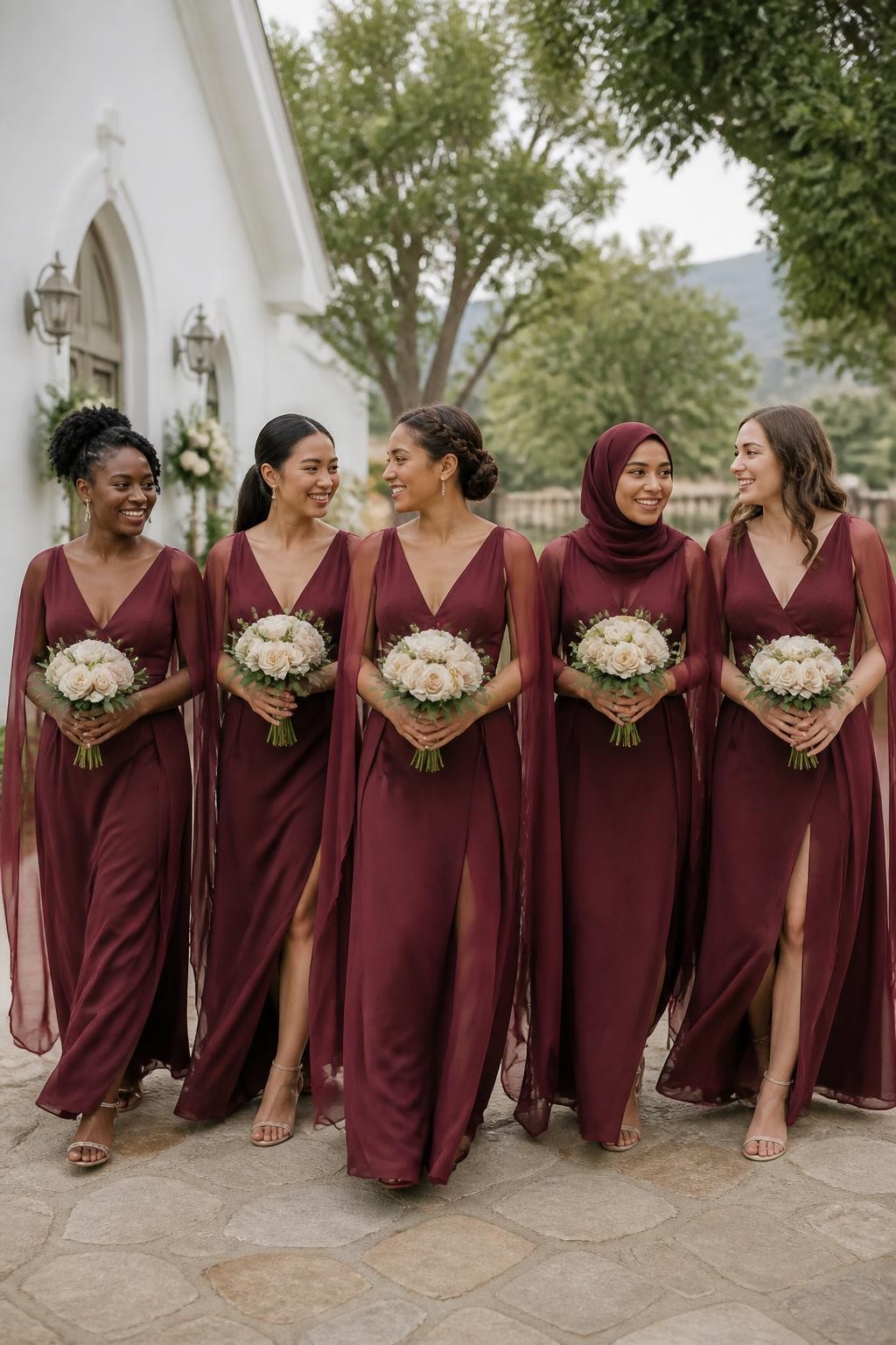 Realistic outdoor wedding image of five bridesmaids wearing wine burgundy chiffon gowns with fitted V-neck bodices, softly gathered waists, and long split cape sleeves attached at the shoulders, women of West African, South Asian, East Asian, Middle Eastern, and European appearance with deep, golden brown, olive, tan, and fair complexions, bright expressive faces, realistic pores and subtle makeup, hairstyles including natural coils, a braided crown, smooth hijab styling, polished ponytail, and loose waves, walking beside a white countryside chapel surrounded by mature trees, cream flowers, and pale stone paths, gentle breeze lifting the capes naturally, visible chiffon transparency, soft shadows, and believable proportions, documentary-style DSLR wedding photography.