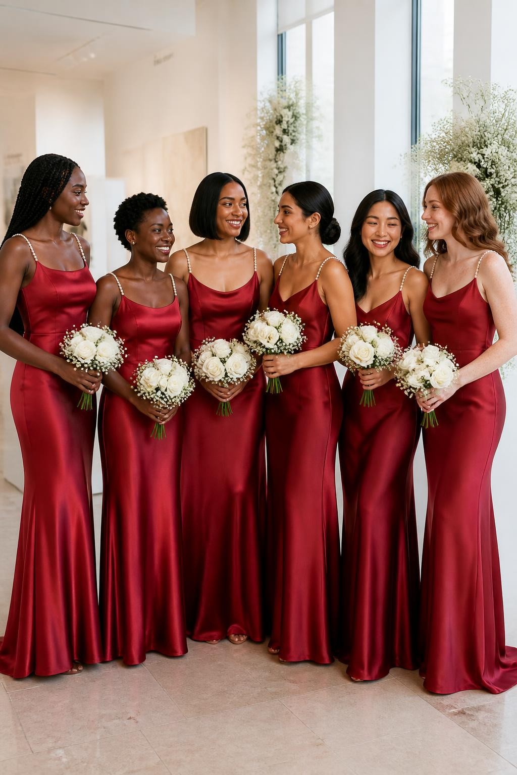 Realistic bright indoor wedding photograph of six bridesmaids wearing carmine red satin slip dresses with narrow pearl-beaded shoulder straps, necklines varying slightly between straight, scoop, and soft cowl shapes, women with ebony, deep brown, reddish brown, olive, East Asian light beige, and fair freckled complexions, varied heights and body shapes, bright relaxed faces, realistic smiles, natural makeup and visible skin texture, hairstyles including long braids, short coils, smooth bob, low bun, soft curls, and loose waves, standing inside a sunlit art gallery with white walls, pale limestone floors, large windows, and minimal white floral installations, pearls reflecting small points of daylight, realistic satin draping and natural body contours.