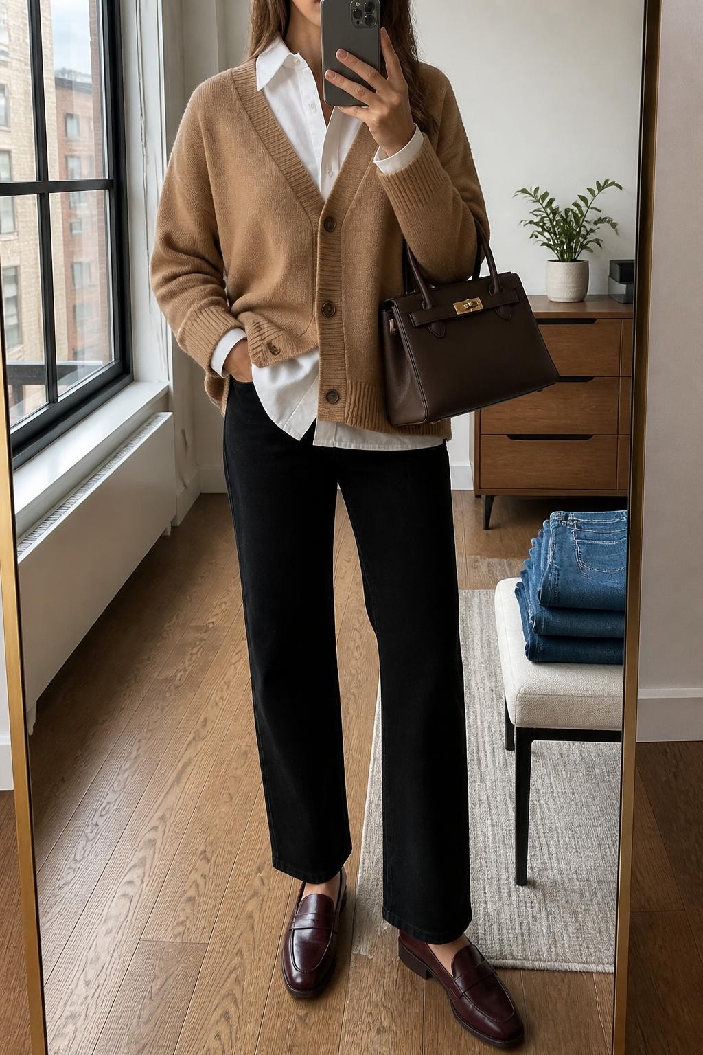 Mirror selfie of a woman wearing an oversized camel V-neck cardigan layered over a crisp white button-front shirt, black straight-leg jeans, burgundy leather loafers, and a structured dark brown handbag, clearly showing the exact clothing items, colors, fabrics, and accessories listed, holding a phone in front of a stylish city apartment mirror, cropped at the neck so the face does not show, relaxed casual selfie pose, natural window light, folded denim jeans on a bench and a small plant on a dresser, realistic and uncluttered, latest iPhone photo quality.