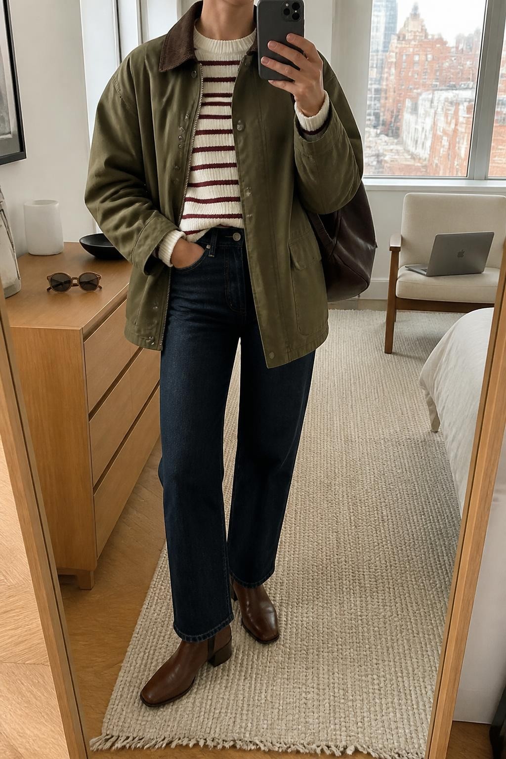 mirror selfie of a woman wearing an open olive cotton barn jacket with a chocolate brown corduroy collar over a cream and burgundy striped knit sweater, dark-wash high-rise straight-leg jeans, chestnut leather ankle boots, and a chocolate structured backpack, clearly showing the exact clothing items, colors, striped pattern, fabrics, boots, and backpack listed in the Outfit Pieces section, holding a phone in front of a full-length mirror, cropped at NECK so the face does not show, relaxed casual selfie pose in a stylish city apartment, natural window light, with a laptop resting on a chair and sunglasses placed on a dresser, realistic cotton, corduroy, knit, denim, and leather textures, natural unstaged composition, latest iPhone photo quality