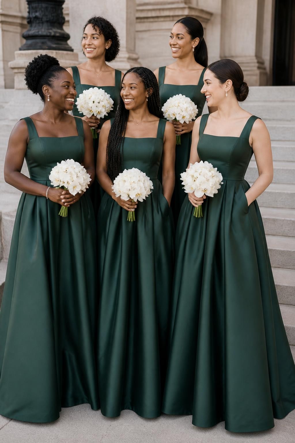 Realistic fashion-forward wedding portrait of five bridesmaids wearing structured bottle green silk-faille gowns with softly corseted bodices, wide square necklines, curved basque waists, and full floor-length skirts with hidden side pockets, women with very deep brown, cool dark brown, cinnamon, golden tan, and pale neutral skin tones, different torso lengths, bust sizes, and body proportions represented naturally, bright joyful faces with individual features, realistic pores and small flyaway hairs, hairstyles including a sculpted natural updo, waist-length braids, glossy ponytail, short curly bob, and smooth chignon, photographed on broad pale-stone steps outside a historic city venue, holding compact ivory orchid bouquets, crisp morning light revealing precise seams, the matte green finish, realistic fabric stiffness, and deep natural skirt folds.