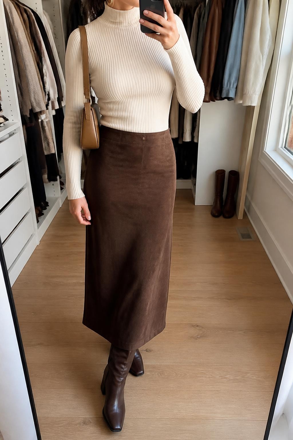Mirror selfie of a woman wearing a chocolate-brown suede maxi skirt, fitted cream ribbed turtleneck, dark brown knee-high leather boots, structured tan shoulder bag, and small gold hoop earrings, clearly showing the exact clothing items, colors, fabrics, and accessories listed, holding a phone in front of a walk-in closet mirror, cropped at the neck so the face does not show, relaxed casual selfie pose, natural window light, open closet with clothes visible and a pair of boots on the floor nearby, natural and unstaged, latest iPhone photo quality.