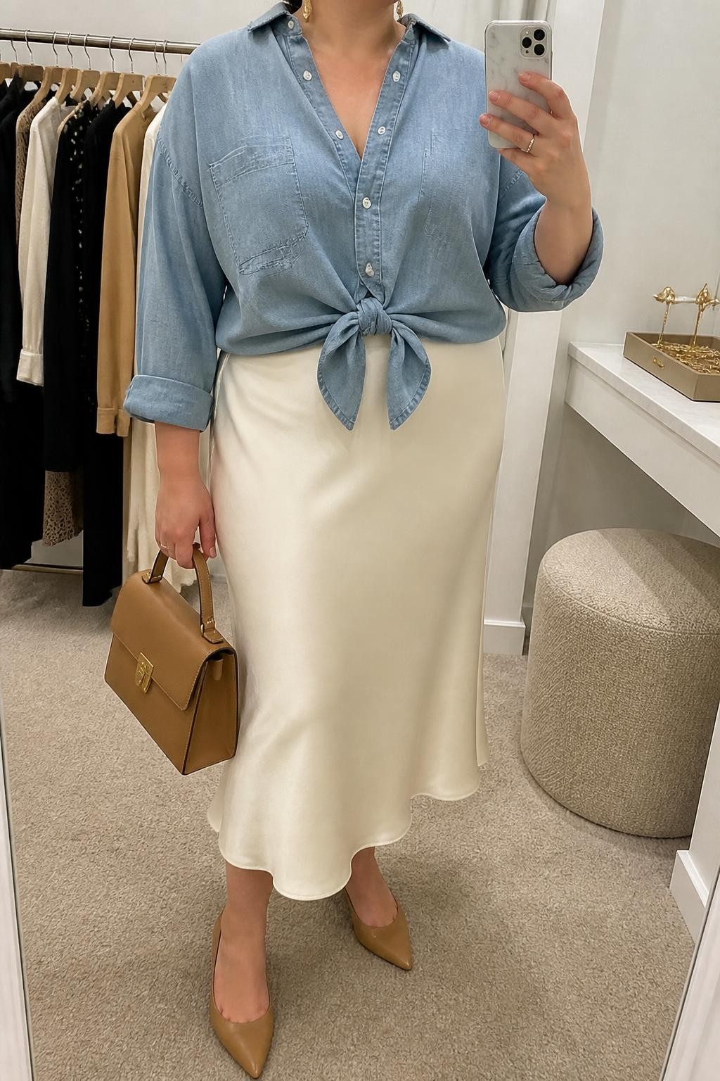 Mirror selfie of a plus size woman wearing an oversized soft blue chambray button-down shirt tied gently at the waist, a cream high-waisted satin midi skirt with a fluid bias-cut shape, tan pointed kitten heels, a structured tan handbag, and delicate gold drop earrings, clearly showing the exact clothing items, blue chambray, cream satin, waist tie, footwear, and accessories listed, holding a phone in front of a mirror, cropped at the neck so the face does not appear, relaxed feminine selfie pose, in a minimal dressing room with soft indoor lighting, a clothing rack with garments behind her and a jewelry tray on the vanity, realistic lunch outfit, latest iPhone photo quality.