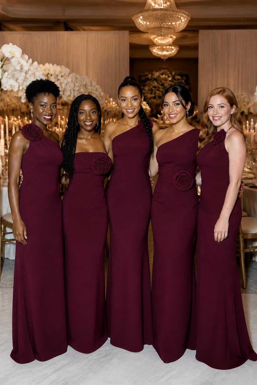 Realistic formal wedding portrait of five bridesmaids wearing oxblood burgundy matte crepe column gowns with sculpted fabric rosettes placed along one shoulder, across the neckline, or at the waist, women with deep blue-black, dark warm brown, caramel, olive, and fair freckled skin tones, bright confident faces with individual facial structures, realistic evening makeup, hairstyles including short natural coils, long locs, braided ponytail, polished chignon, and soft waves, standing inside a grand hotel ballroom with cream drapery, crystal chandeliers, candlelit tables, and white orchid arrangements, directional lighting showing the handmade folds of the rosettes and smooth weight of the crepe, poised but natural full-frame DSLR photography.