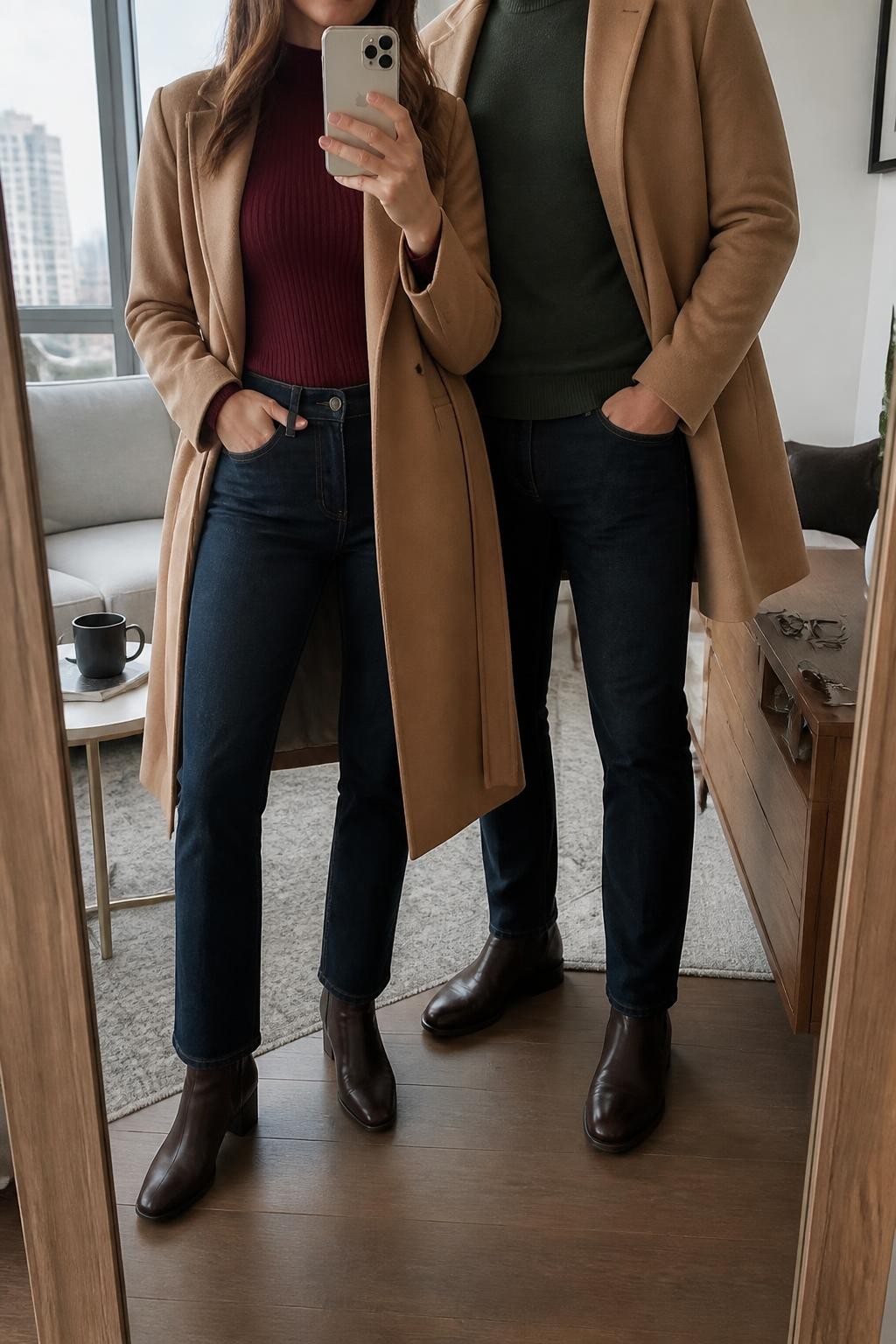 mirror selfie of a stylish couple wearing coordinated fall outfits, the woman wearing a camel belted wool-blend coat left open over a burgundy fitted ribbed top, dark-wash straight-leg jeans, and chocolate leather ankle boots, the man wearing a camel single-breasted wool-blend coat left open over a forest green crewneck sweater, dark-wash straight-leg jeans, and dark brown leather boots, clearly showing the exact clothing items, colors, fabrics, and footwear listed in the Outfit Pieces section, the woman holding a phone in front of a full-length mirror while the man stands beside her, both cropped at NECK so their faces do not show, relaxed natural couple pose in a stylish city apartment, natural window light, with a coffee mug on a side table and sunglasses placed on a dresser, realistic wool, knit, denim, and leather textures, unstaged everyday atmosphere, latest iPhone photo quality